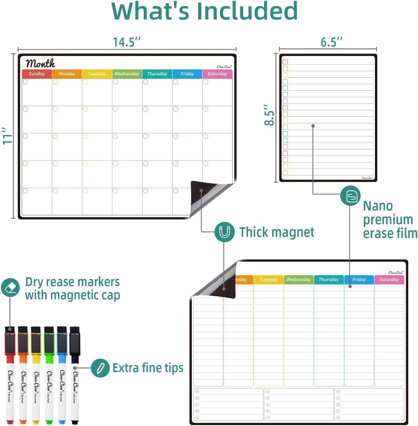 Magnetic Dry Erase Chore Chart - 14.5"x11" Chore Chart for Kids, Teens and Adults - 6.5"x8.5" List Board for Fridge - 6 Extra Fine Point Markers Included - Shipped Flat