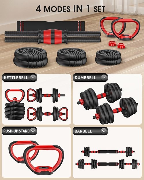 UNNMIIY Adjustable Dumbbells, 10/20/30/45/70/90lbs Free Weight Set with Connector, 4 in1 Dumbbells Set Used as Barbell, Kettlebells, Push up Stand, Fitness Exercises for Home Gym Suitable Men/Women