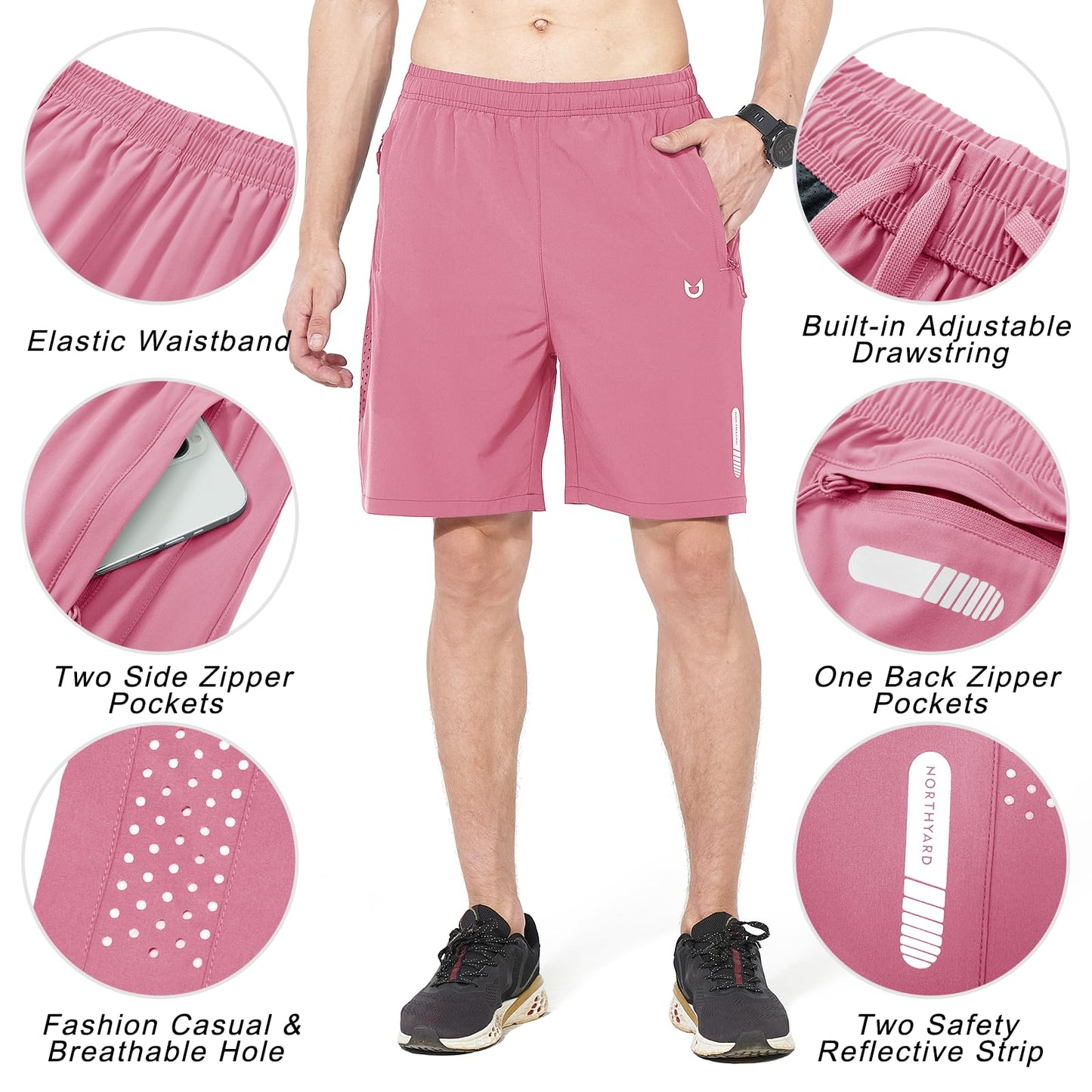 NORTHYARD Men's Athletic Running Shorts Gym Workout 7"/9"/5" Quick Dry Lightweight Sports Basketball Tennis 3 Zipper Pockets POWDERPINK XL