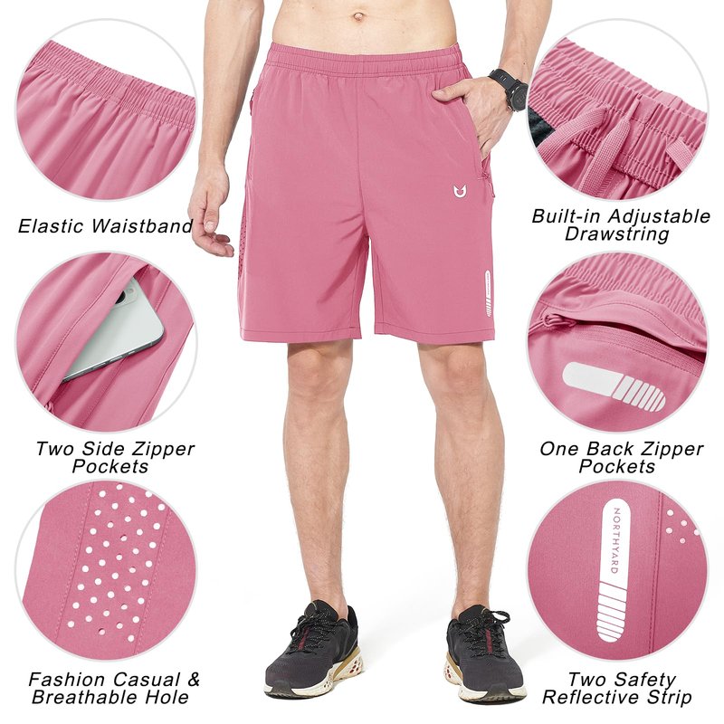 NORTHYARD Men's Athletic Running Shorts Gym Workout 7"/9"/5" Quick Dry Lightweight Sports Basketball Tennis 3 Zipper Pockets POWDERPINK XL