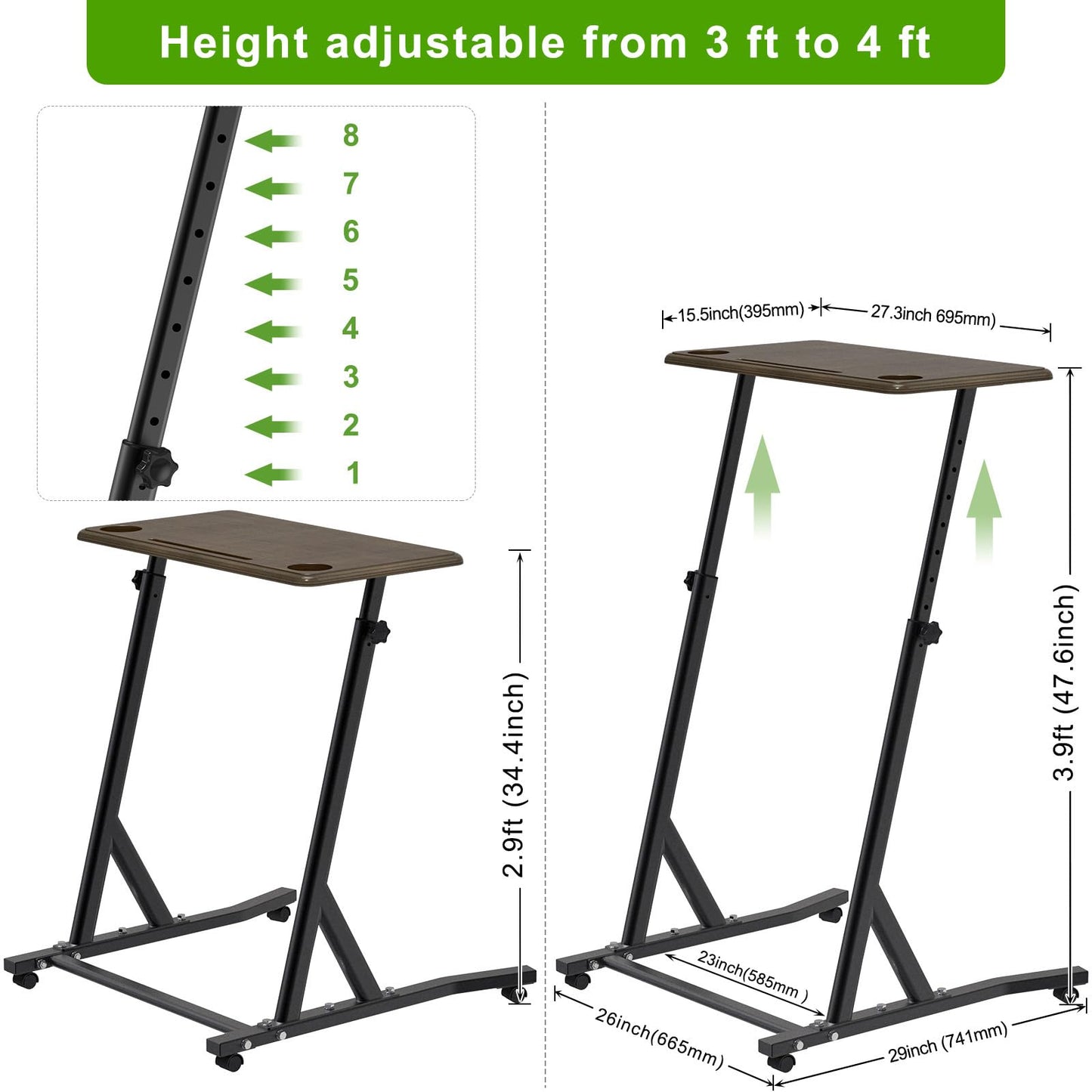 SELEWARE Indoor Cycling Desk Height Adjustable Bike Desk Workstation Standing Desk Wooden Laptop Desk Portable Bike Trainer Fitness Desk with Lockable Wheels for Indoor Cycling Treadmill & Office Use