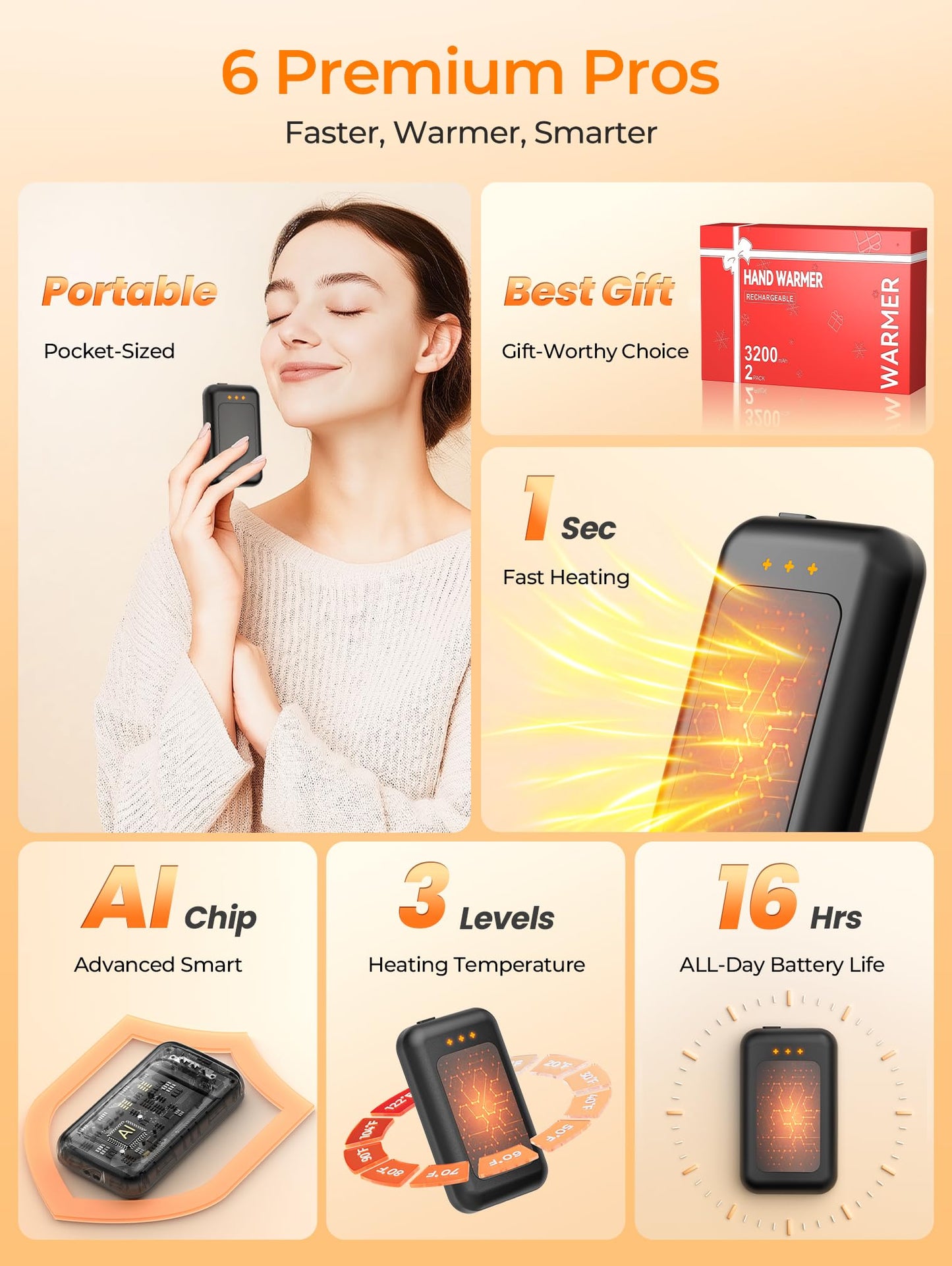 Jerritte Electric Hand Warmers Rechargeable 2 Pack, Rechargeable Hand Warmer, 16 Hrs Portable Hand Warmer for Outdoor Camping Hunting Golf Accessories, Gifts for Women Men Black