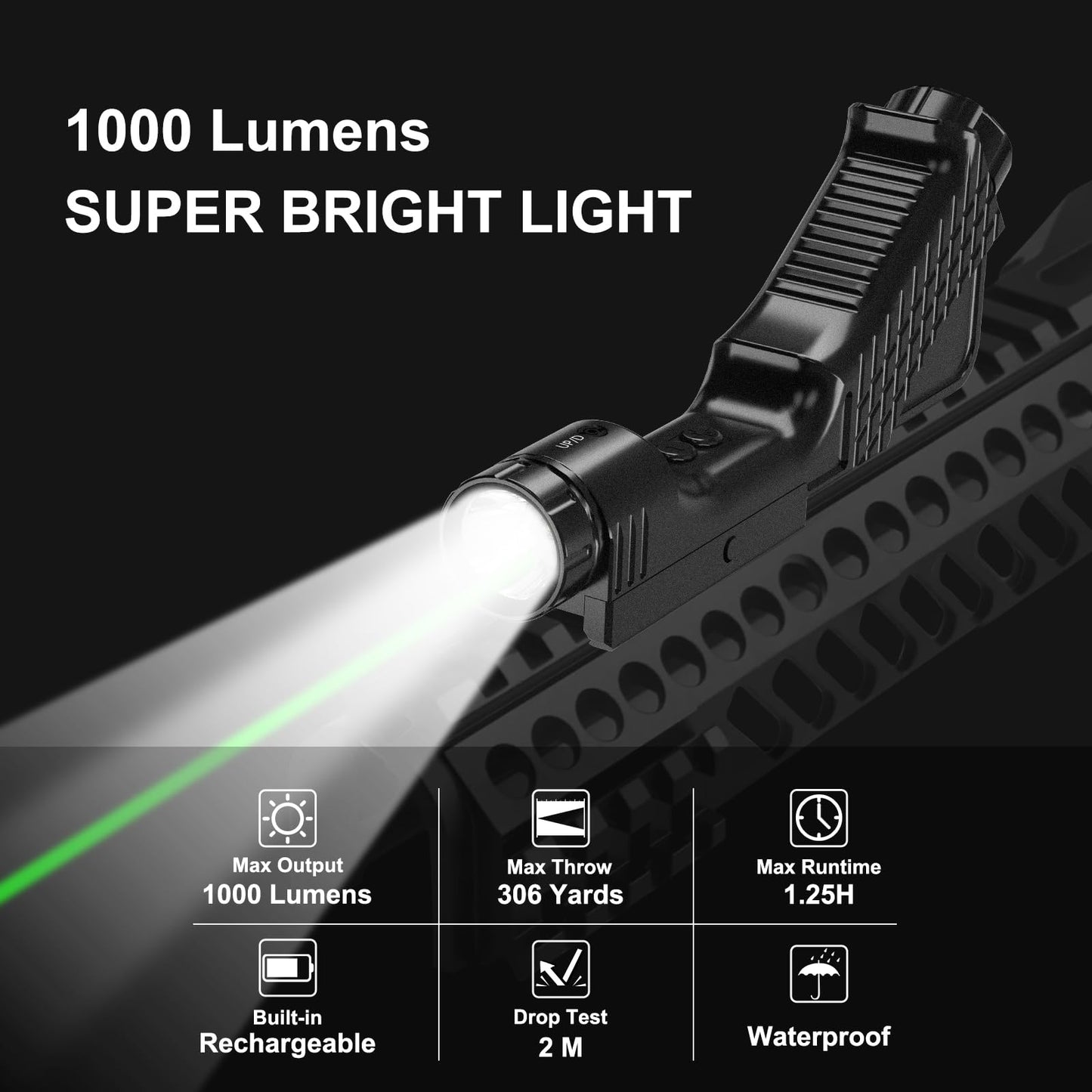 1000 Lumens Tactical Laser Light Combo for Rifle (2025 New) Compatible with M-Lok and Picatinny Rail, Aluminum Rifle Flashlight Green Laser Combo with Strobe Function, 2000Mah UBS-TypeC Rechargeable