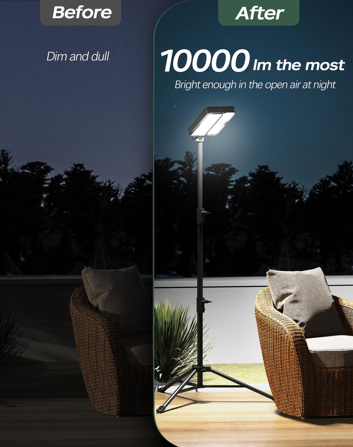KIALUSH 10000lm Dimmable Rechargeable Work Light, 15000mAh Detachable Camping Work Light 72'' Telescopic with 2 Separate Lights, 2 Charge Ways Type C & Solar Powered