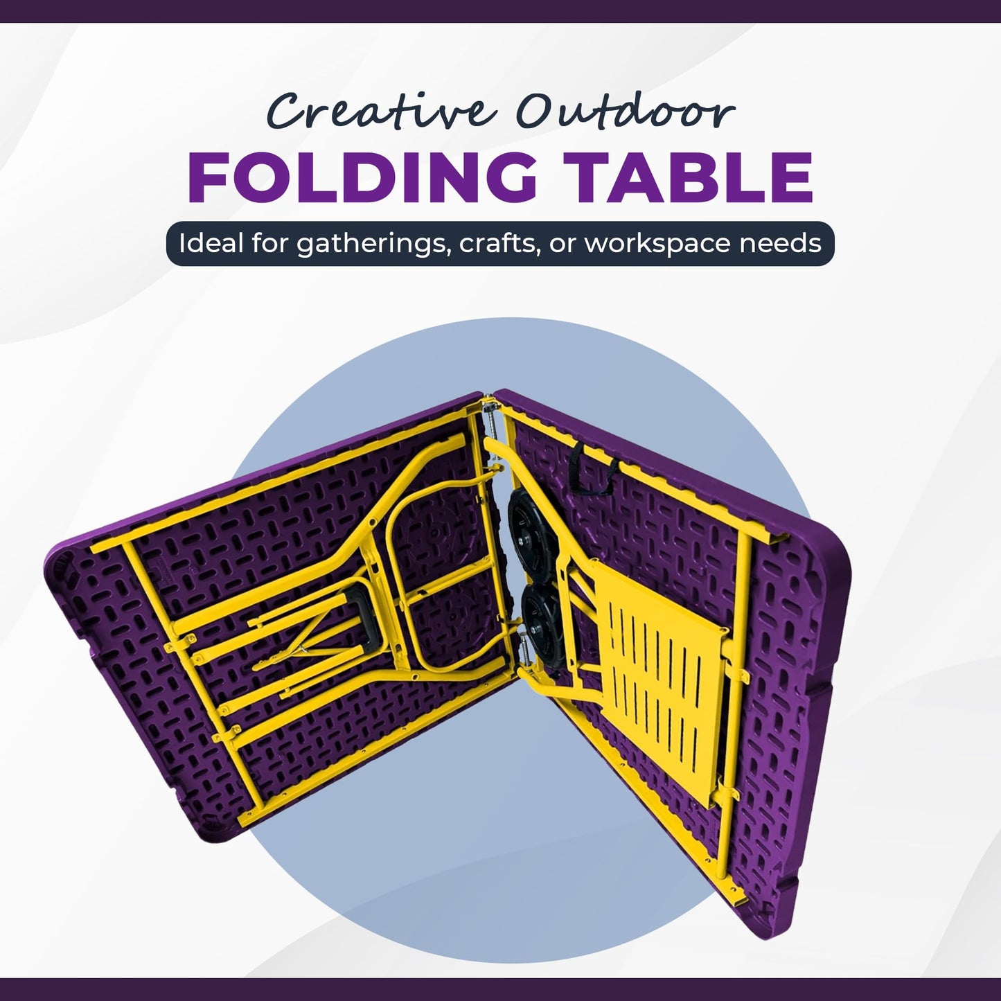 6Ft Rolling Folding Table with Built-in Wheels, Durable Plastic, Team Colors, Easy to Carry, Perfect for Camping, Picnic, Tailgating, Party, Indoor/Outdoor Use (Single Table, Purple/Yellow)
