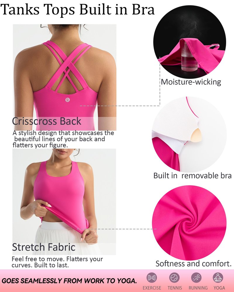 RUNNING GIRL Tank top with Built in Bra for Women,Compression Shirts Crisscross Back Workout Yoga Tops(BX3141_Bright Pink_M)
