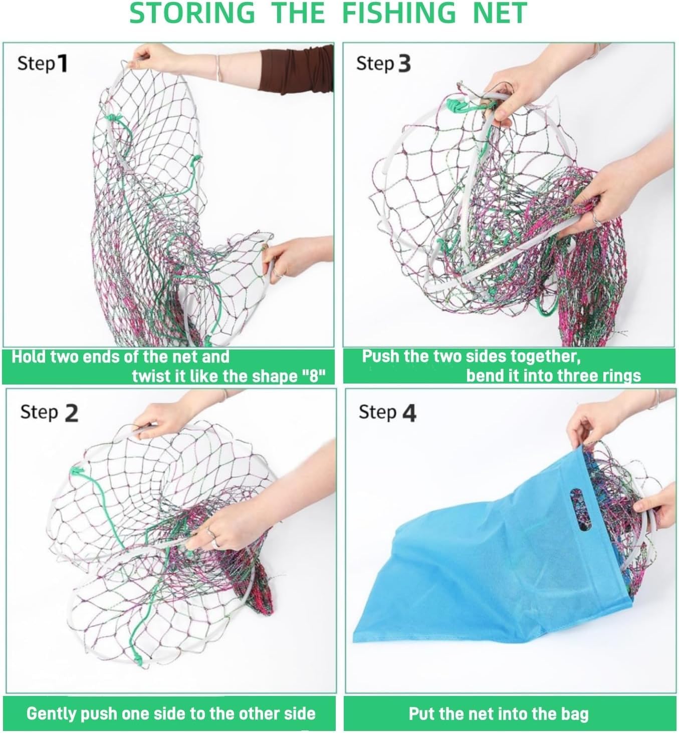 32in x 37in Folded Bridge and Pier Fishing Net, More Coarse Soft Steel Hoop, Colourful Dual-Line Construction,Heavy-Duty Fishing Cast polyethylene Fiber line Mesh Net, Drop Net/Rope/Storage Bag