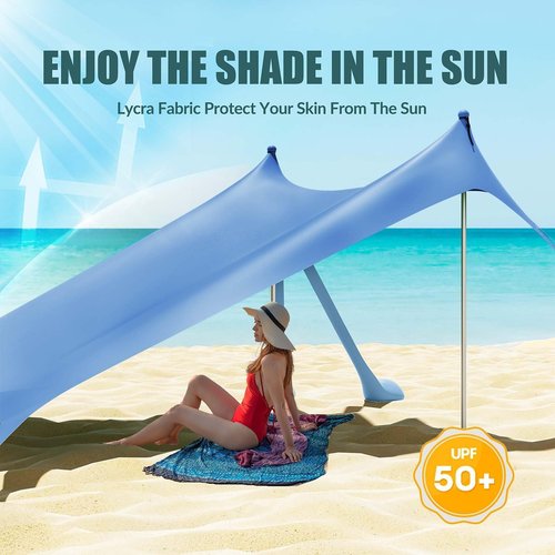 Gardentime Beach Tent Canopy Sun Shelter 10x10ft UPF50+ Protection Portable Shade with 8 Sandbags, 4 Poles, 2 Sand Shovels, Ground Peg for Outdoor Backyard Camping Fishing Picnic Blue