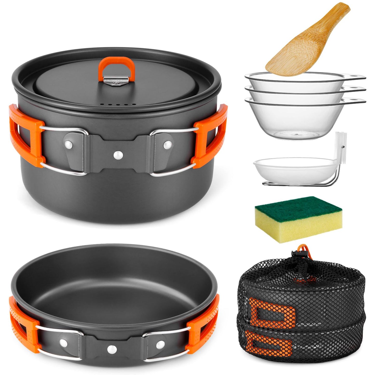 Odoland 9pcs Camping Cookware Non-Stick Lightweight Camping Pots and Pans Set with Plastic Bowls Soup Spoon for Camping, Backpacking, Outdoor Cooking and Picnic