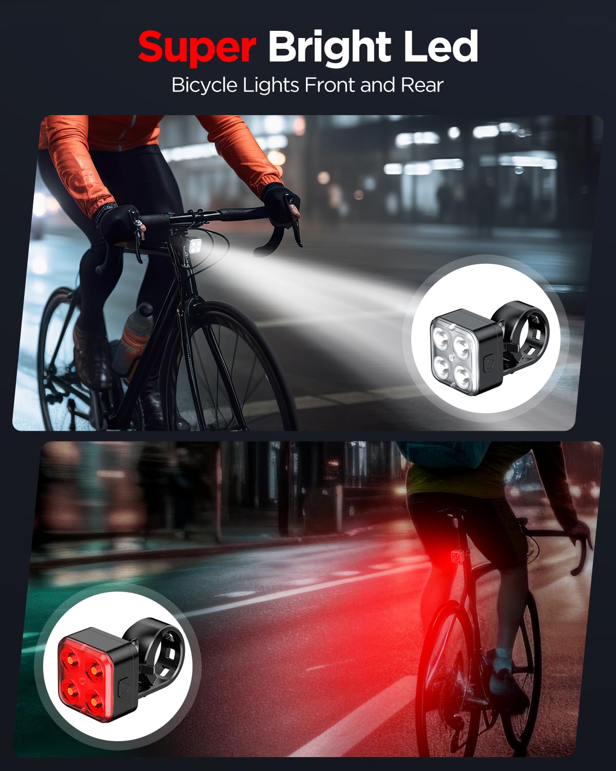 Akale Bike Lights Set, Rechargeable Bicycle Lights Front and Rear, 4 Light Mode Options, Bike Headlight, IPX4 Waterproof, Easy to Install for Men Women Road ( 2 Pack )