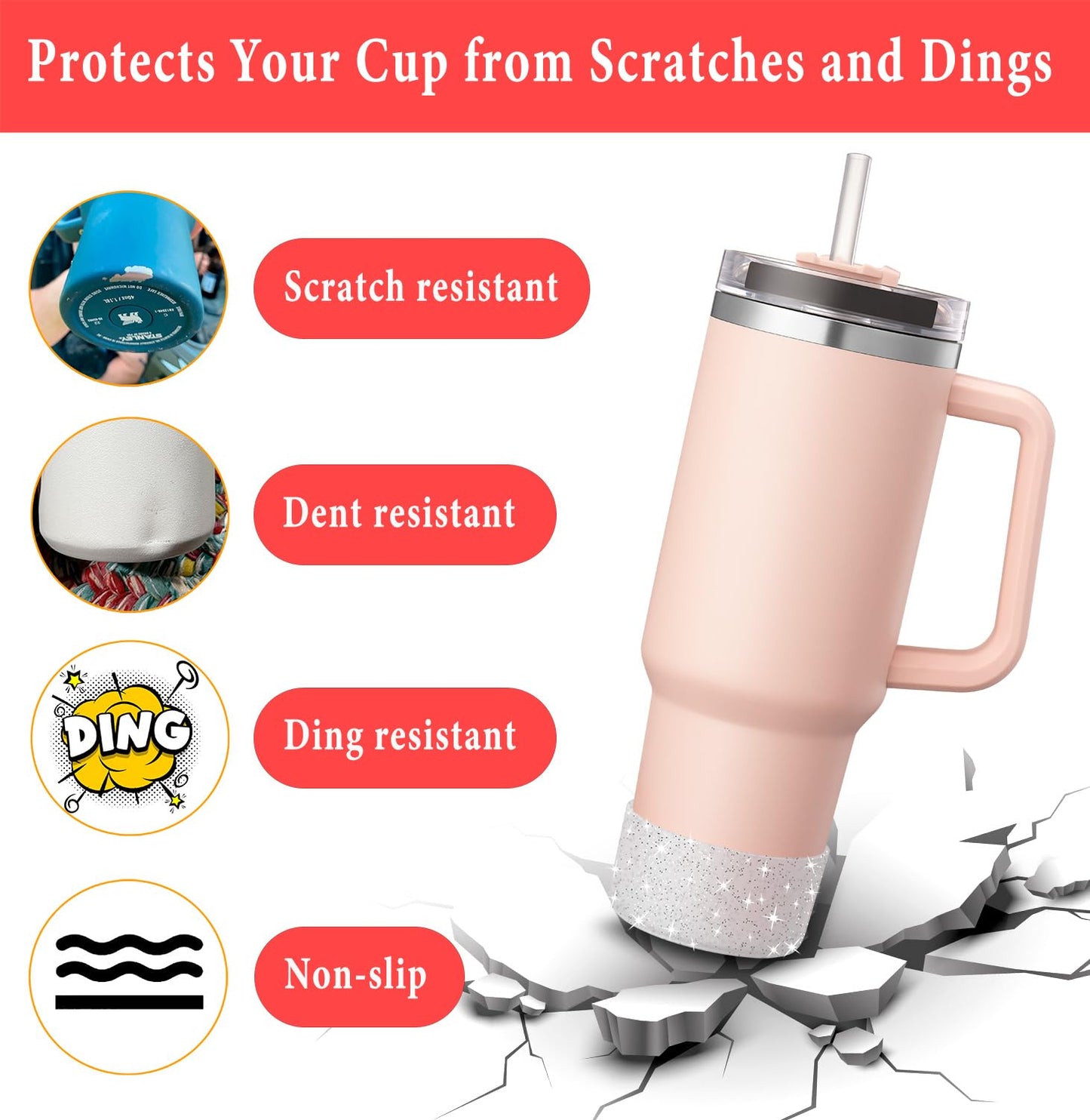 2 PCS Glitter Silicone Boot Compatible with Stanley Tumbler 20 30 40 oz & Fits Hydro Flask Water Bottle 12-24oz & Fits Yeti, Simple Modern, Owala Cup - Bling Cup Bottom Protector Accessories