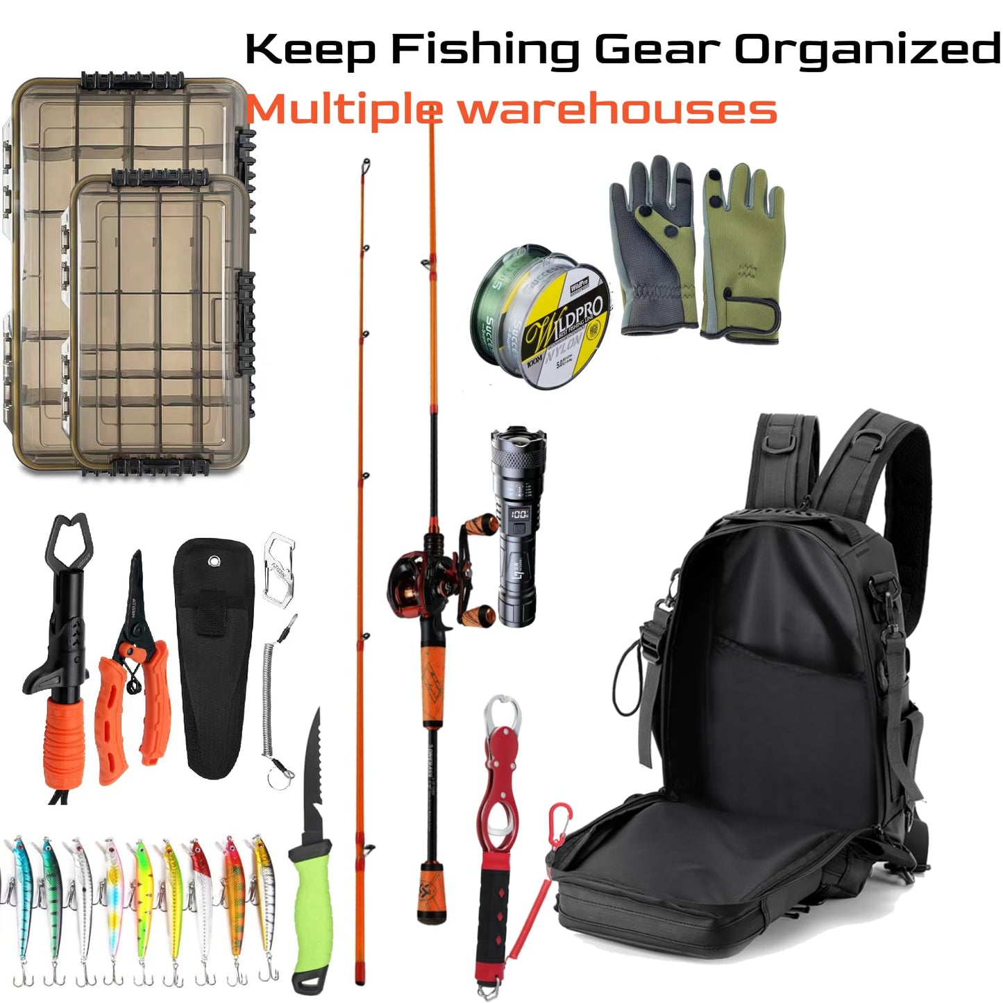 Fishing Backpack Small Tackle Sling Bag - with 2 Rod Holder - Storage Tackle Box, Fishing Gear, Fly Fishing Gifts, Grey, (Only Bag)