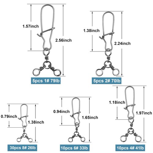 3 Way Snap Swivels 60PCS Fishing Swivel Tackles with Stainless Steel Duo Lock Snaps 26-83LB Round T Shape Fishing Lure Connectors for Saltwater Freshwater Catfish Rig Trolling Line