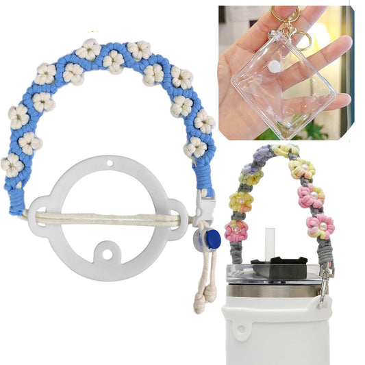 Juimtien Water Bottle Handle, Stanley Cup Holder with Strap, Handmade Bohemian Flower Sling Holder Lanyard