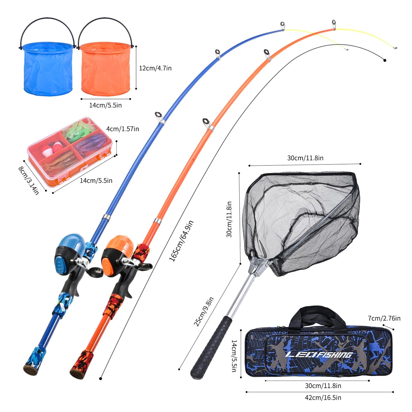 LEOFISHING Portable Kids Fishing Rod Set 2Pack Telescopic Fishing Poles for Boys and Girls Fishing Rod and Reel Combos with Full Kits Fishing Net and Bucket for Toddler Youth (Blue and Orange)