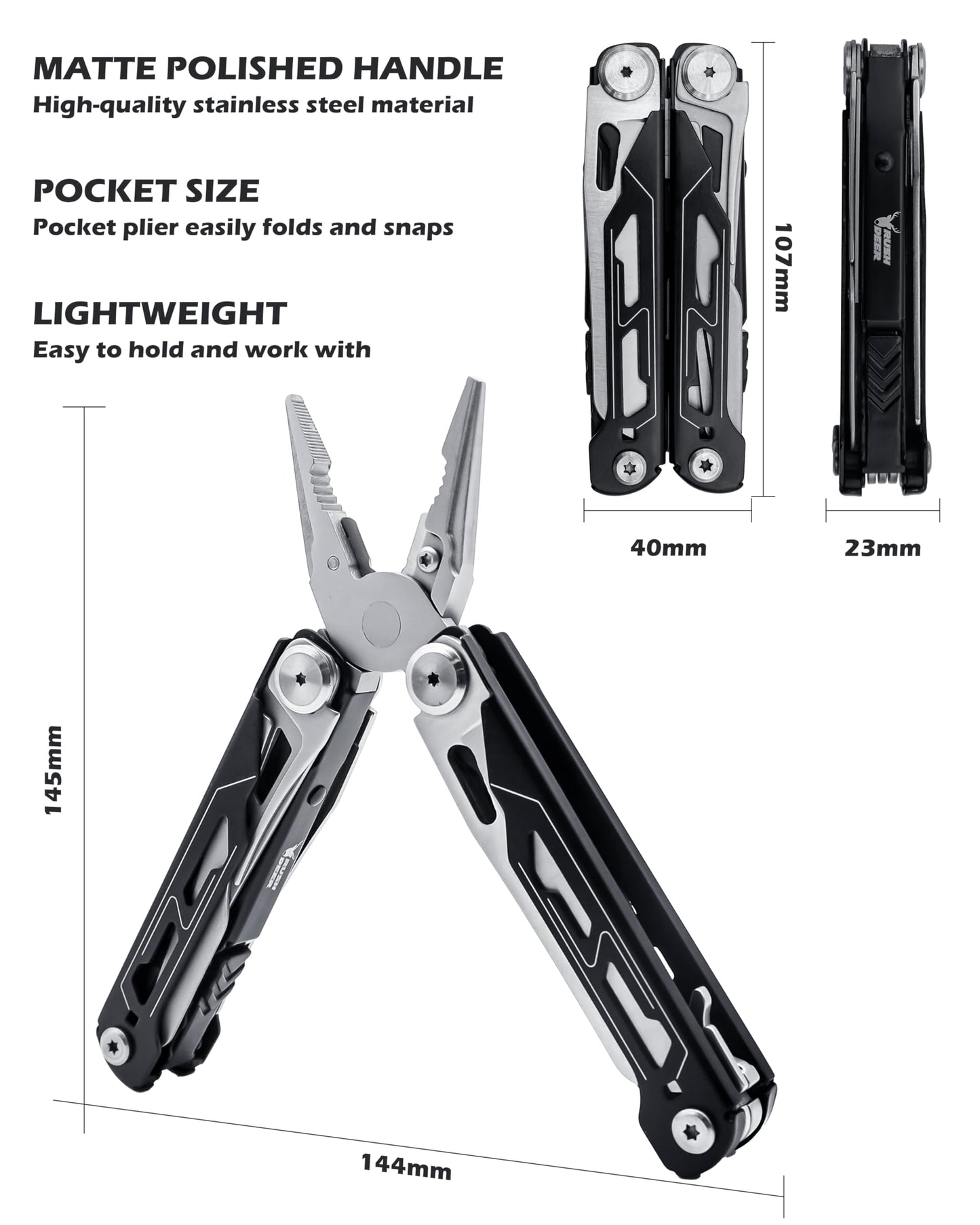 RUSH DEER Multi-Tool 18-in-1 Essential Survival Tools and Multitools Plier- Gift for Men-Versatile Camping Tool Kit-ultimate versatile toolkit For DIY, Outdoor-Black