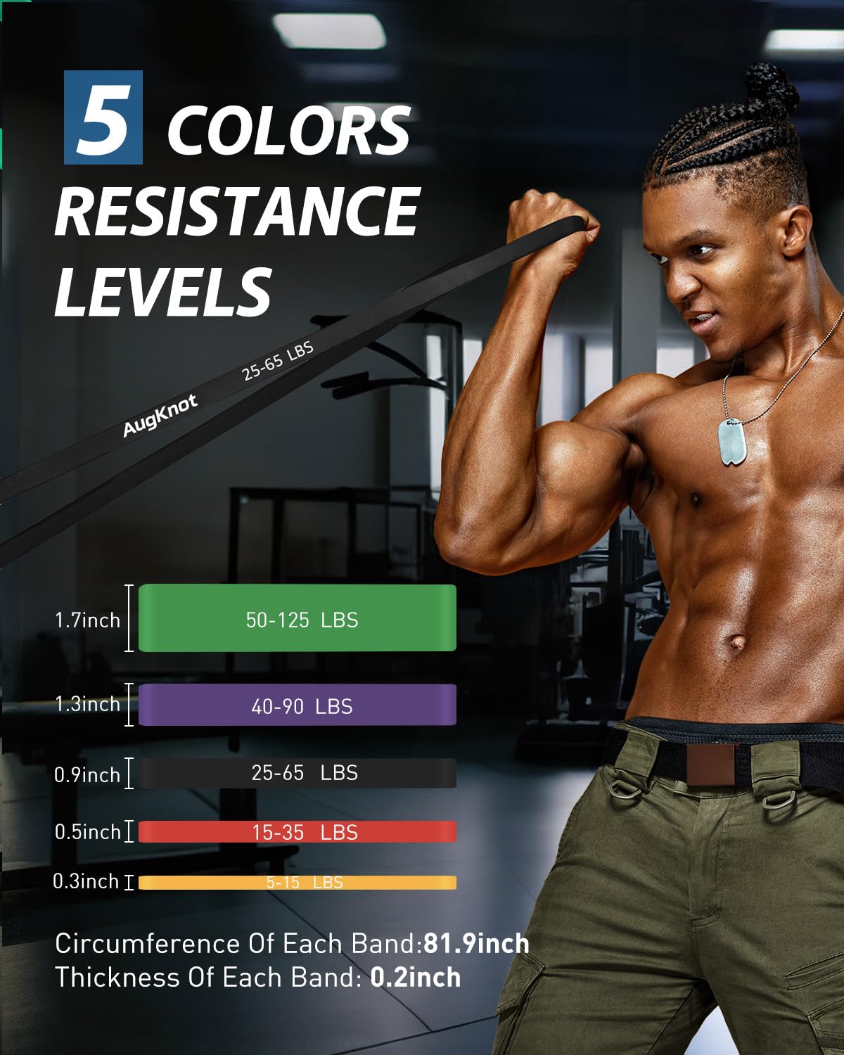 AugKnot Resistance Bands, Pull Up Assist Bands - Workout Bands, Long Resistance Bands Set for Working Out, Fitness, Training, Physical Therapy for Men Women, 5 Resistance Levels