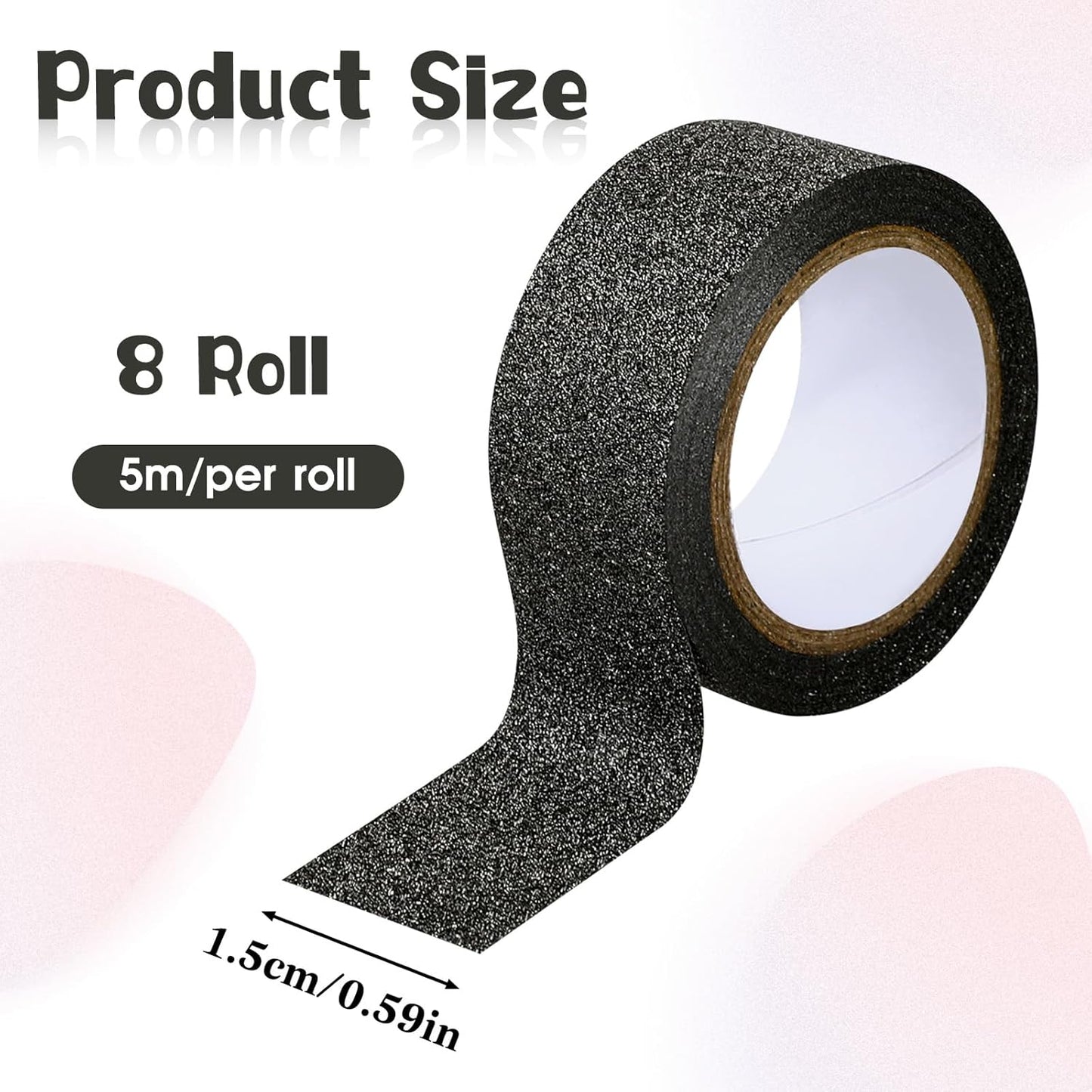 8 Rolls Black glitter washi tape, black washi tape Crafting Glitter Border Masking Tapes Painters Adhesive Tapes for Assisting and Decorating Paintings, Holiday Gift Boxes, Scrapbooks Crafts, 0.6 Inch