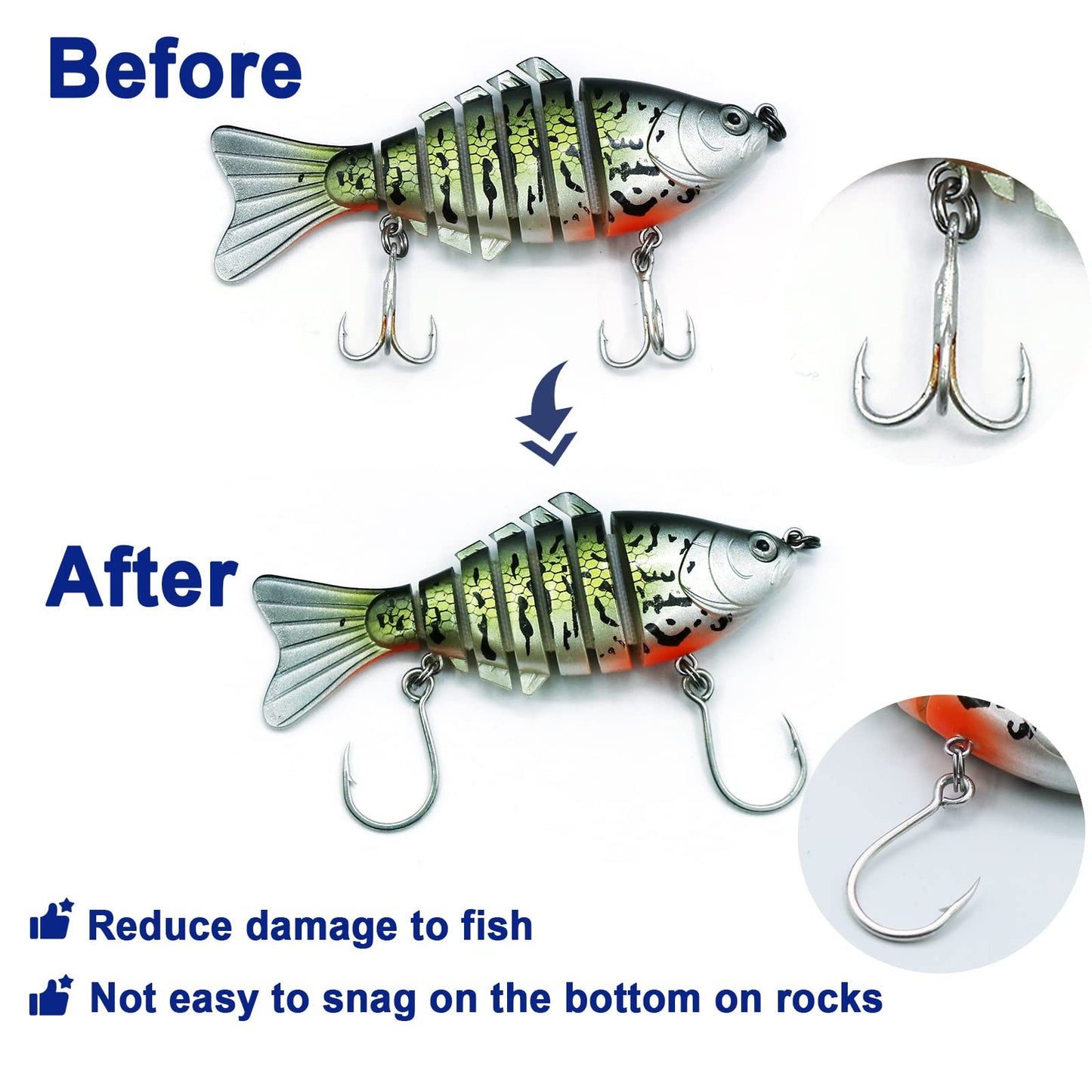 FishTrip 50pcs Inline Fishing Hooks for Treble Hook Replacement, in-Line Single Forged Eyed Hooks with Split Rings for Lures Plugs Saltwater Freshwater