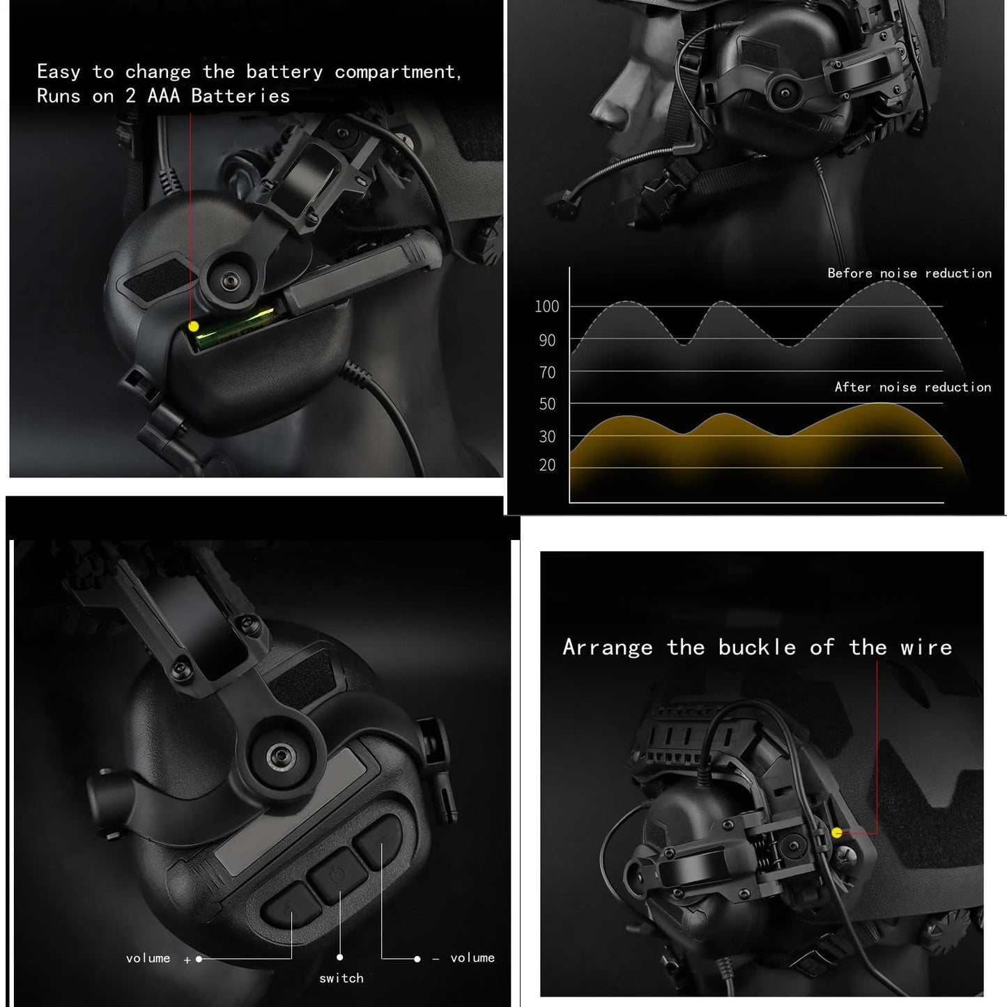 Hdlsina Tactical Shooting headset with U94 PTT 2pin and ARC Rail Adapter Noise Reduction & Sound Pickup Ear Protection (Black)