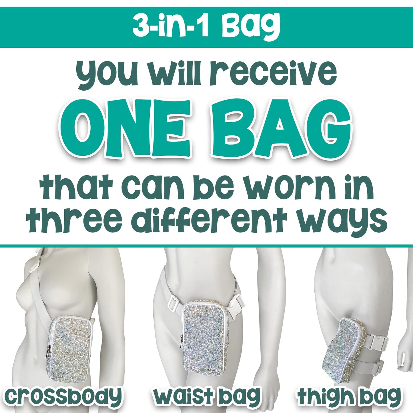 3-IN-1 Thigh Bag Fanny Pack Crossbody Bag | Rhinestone Carnival Leg Harness for Women | Bling Waist Bag | Rave Leg Pack