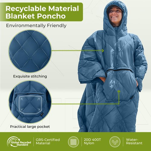 ATEPA Wearable Sleeping Bag, Recycled Camping Wearable Down Blanket Poncho, Ultralight Warm Waterproof Cold Weather Sleeping Bag Coat Jacket Suit for Outdoor Sports, Camping Gifts Women Men, Blue