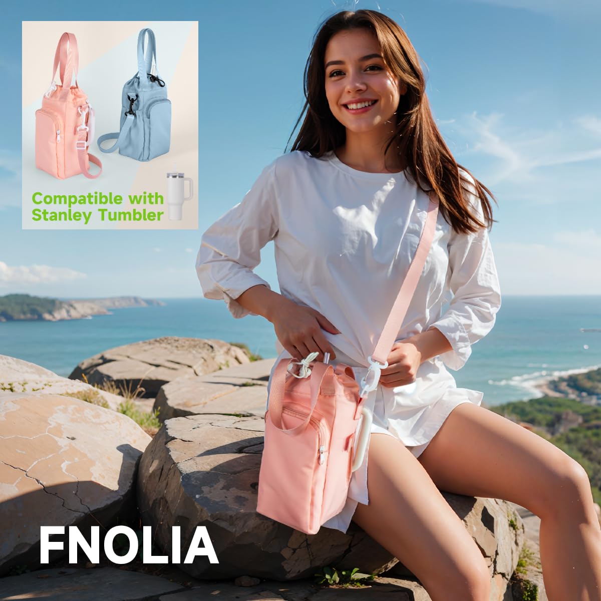 FNOLIA Water bottle sling bag water bottle holder with strap and phone holder stanley 30/40oz yeti tumbler accessories for hiking gym Black