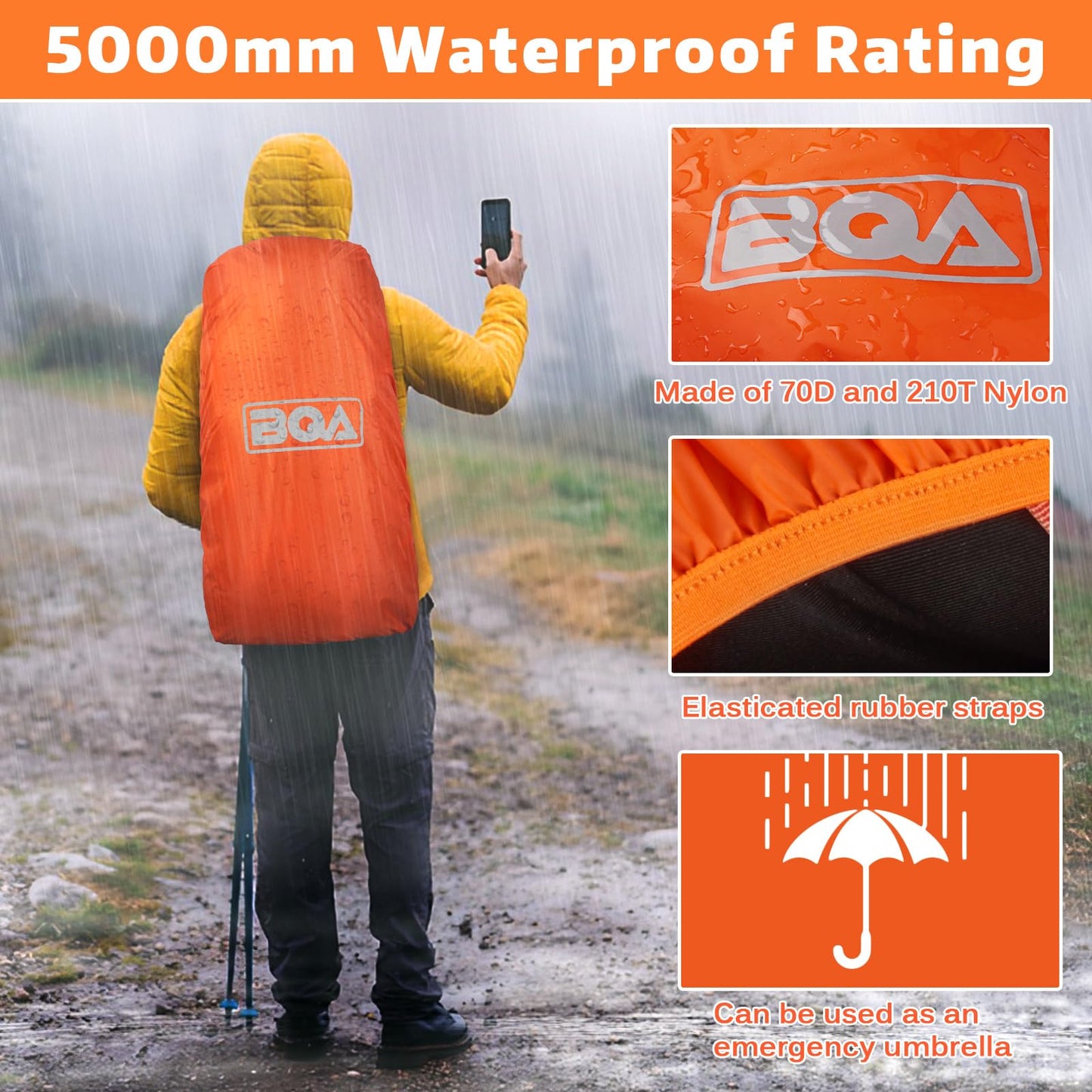 BQA Backpack Rain Cover Waterproof Rating 5000mm with Adjustable Anti Slip Buckle Strap Upgraded Coating Reinforced Inner Layer, Integrated Carry Pouch Design for (10-70L)