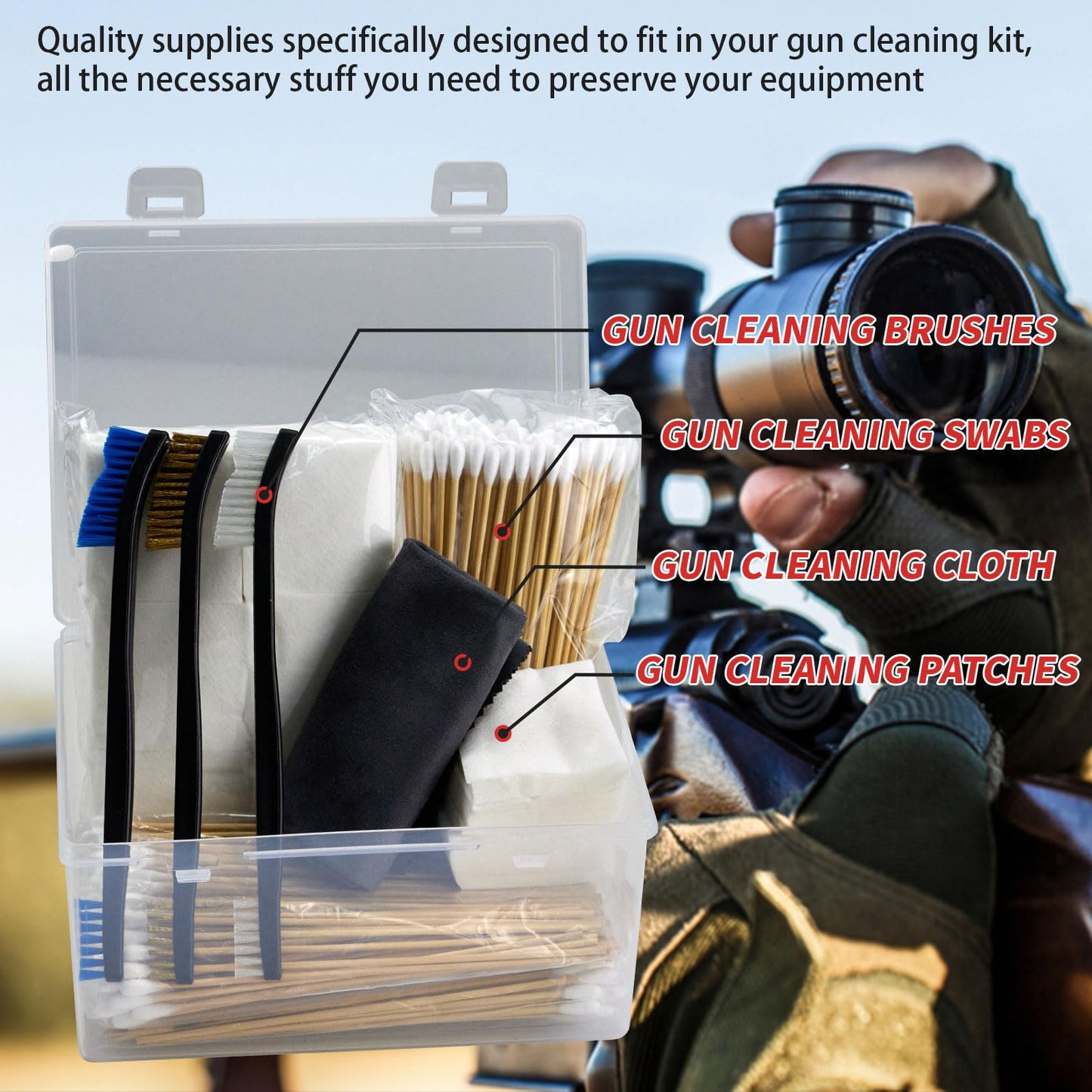 Gun Cleaning Kit in Big Box, 4-in-1 Cleaning Supplies Includes Brushes, Patches, Swabs, Cloth - Lint Free, Highly Absorbent Supplies for All Guns Maintaining, Fit Most Caliber