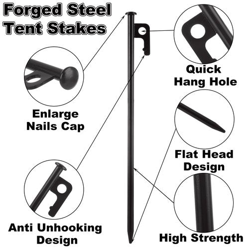 CYEAH 24 Pcs Tent Stakes, Heavy Duty 8 inch Steel Tent Pegs, Forged Steel Tent Stakes Heavy Duty, Metal Tent Pegs for Camping, Metal Stakes for Tent Used on Rocks, Snowfield and Grassland