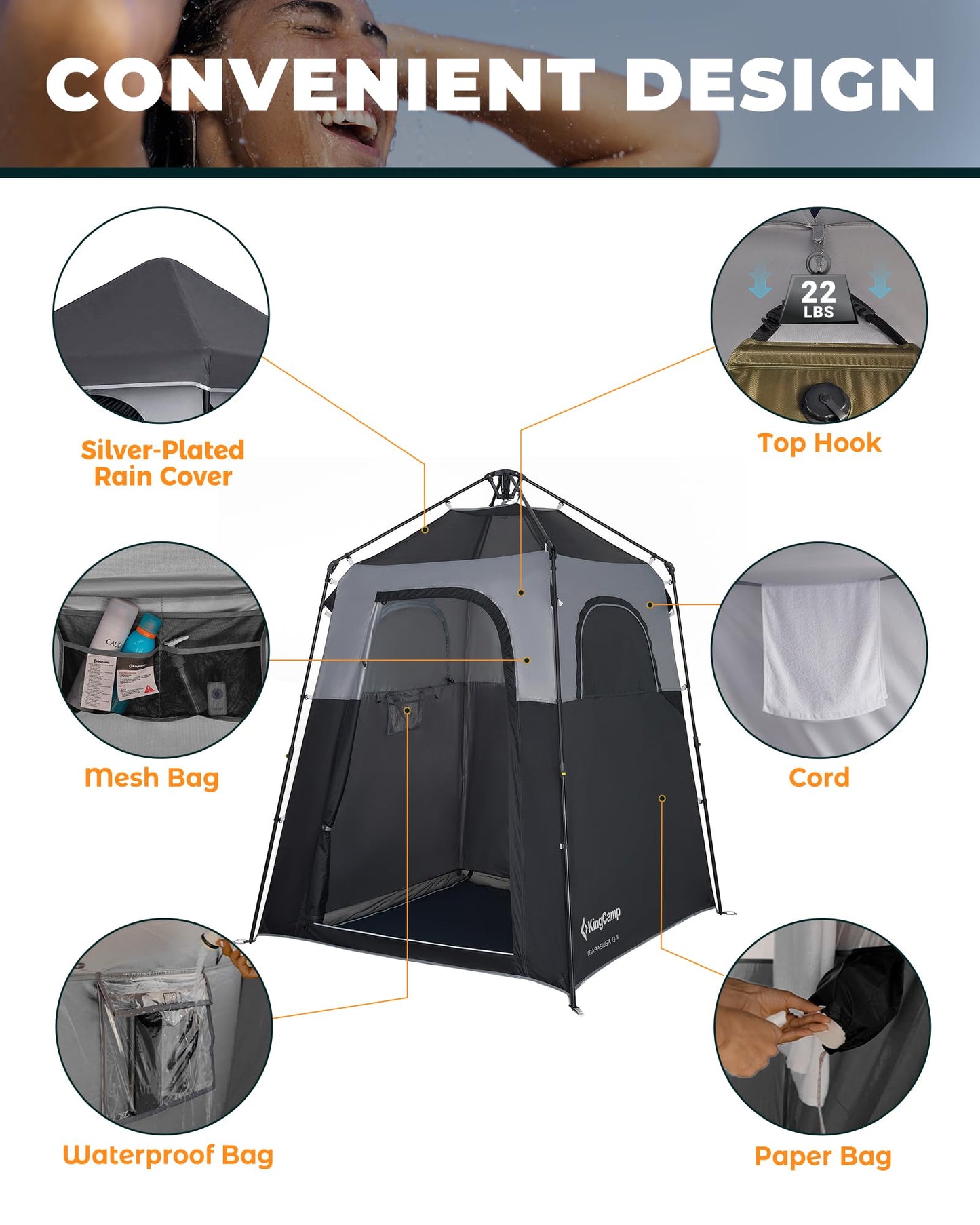 KingCamp Instant Shower Tent, Portable Superior Stable Privacy Shelter, Large Room Outdoor Toilet Tent with Floor for Beach, Camping & Hiking, Setup in Under 60s