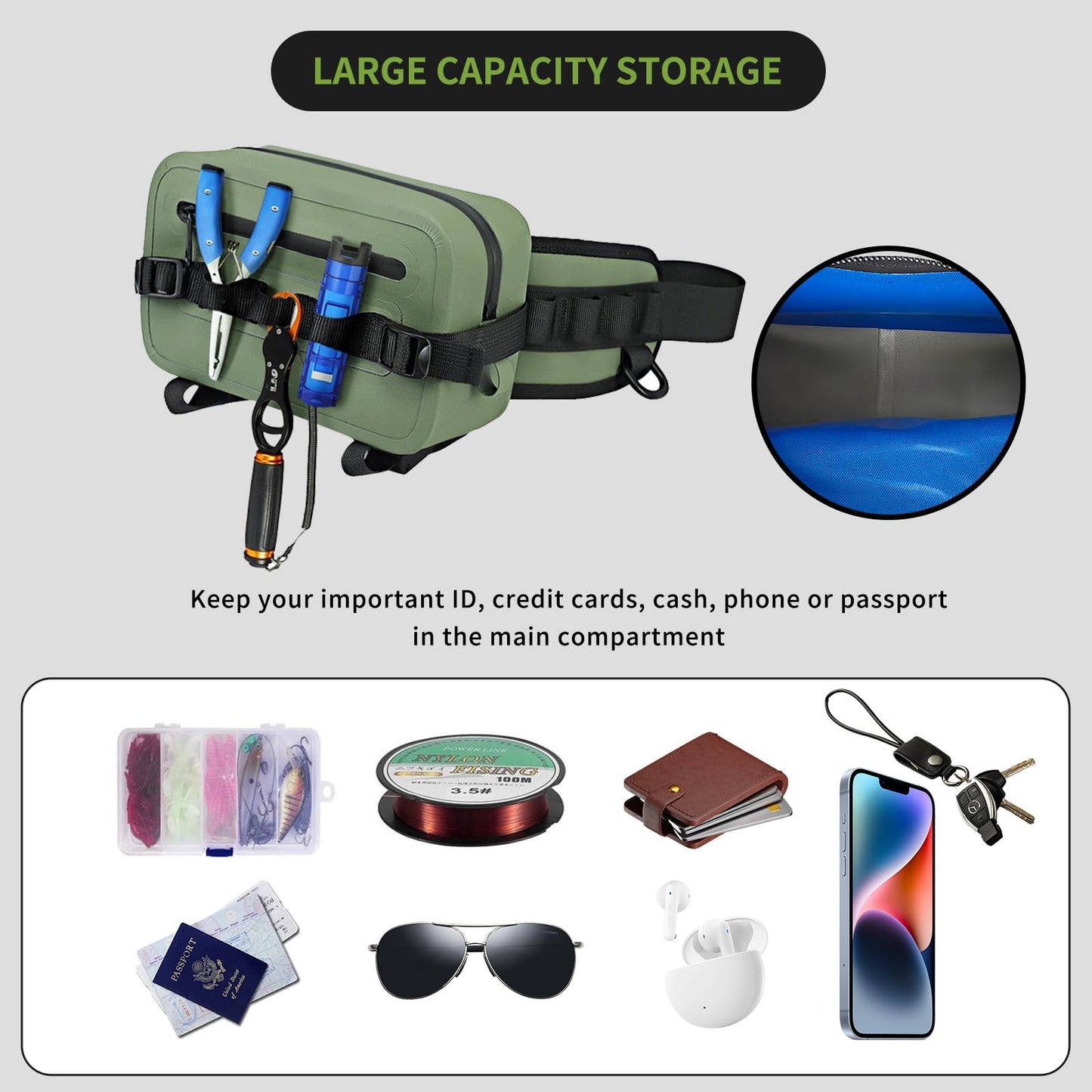 KEEFREE Waterproof Waist Bag with Fishing Rod Holder,Fishing Fanny Pack with Airtight Zipper Closure Multi-functional Lightweight Tackle Bag for Fly Fishing Outdoor Sports Camping Kayaking (Green)