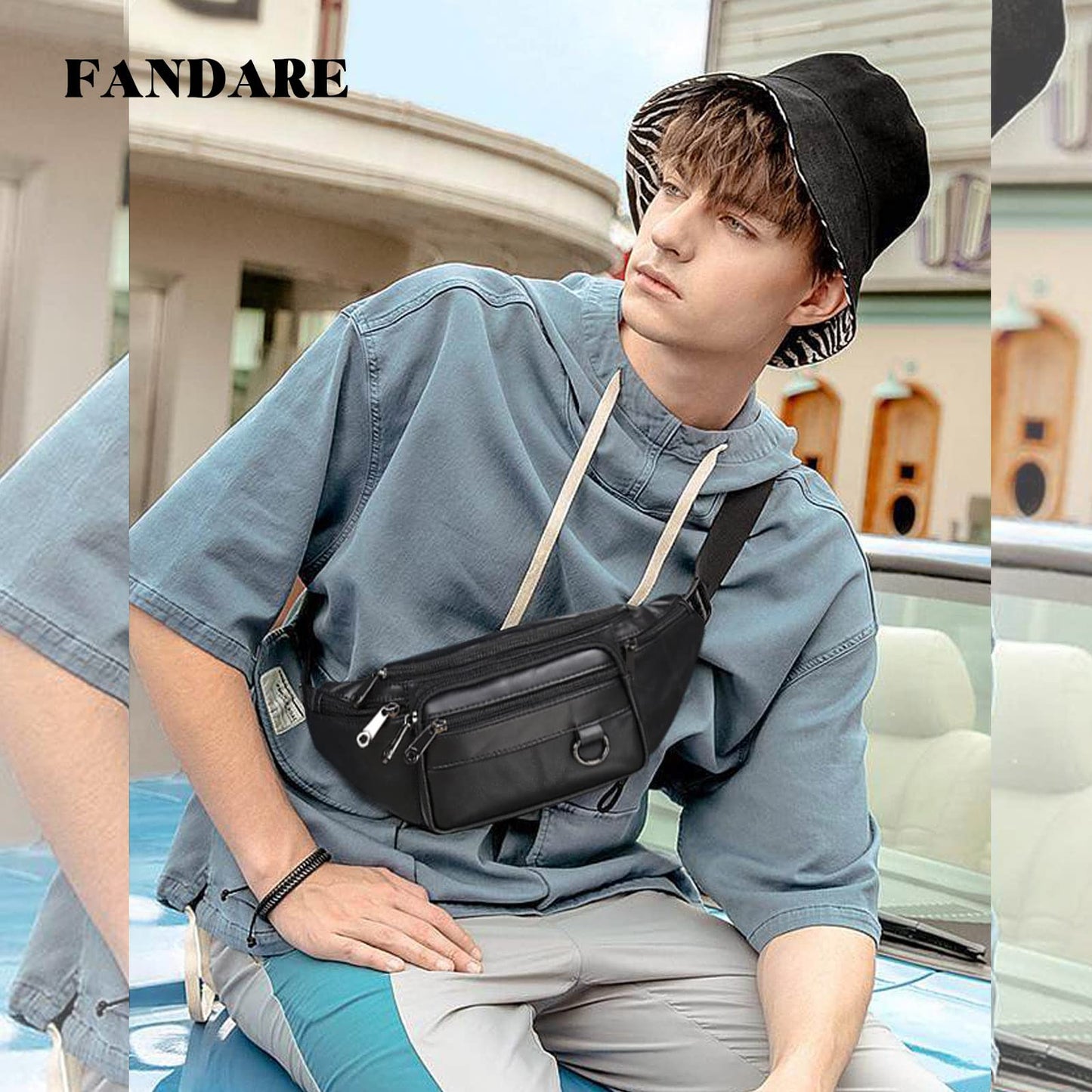 FANDARE Waist Fanny Pack Bumbags for Women Men Sling bag Genuine Leather Chest Crossbody Bag Cover Pack for Hiking Cycling Travelling Outdoor Sport Gym Business Shoulder Bag Black B