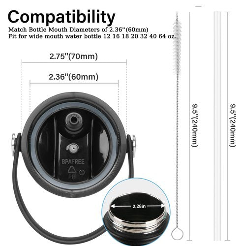 EIPOSAU Straw Lid for Wide Mouth 12 18 20 32 40 64oz Water Bottles, Replacement Straw Cap for Hydro Flask Wide Mouth, Lid with Straw Top Accessories, Black