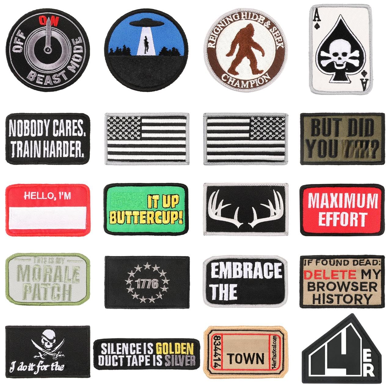 14er Tactical Morale Patches | Funny Military Hook & Loop Embroidered Patches for Backpacks, Collar and Vests (20-Pack)