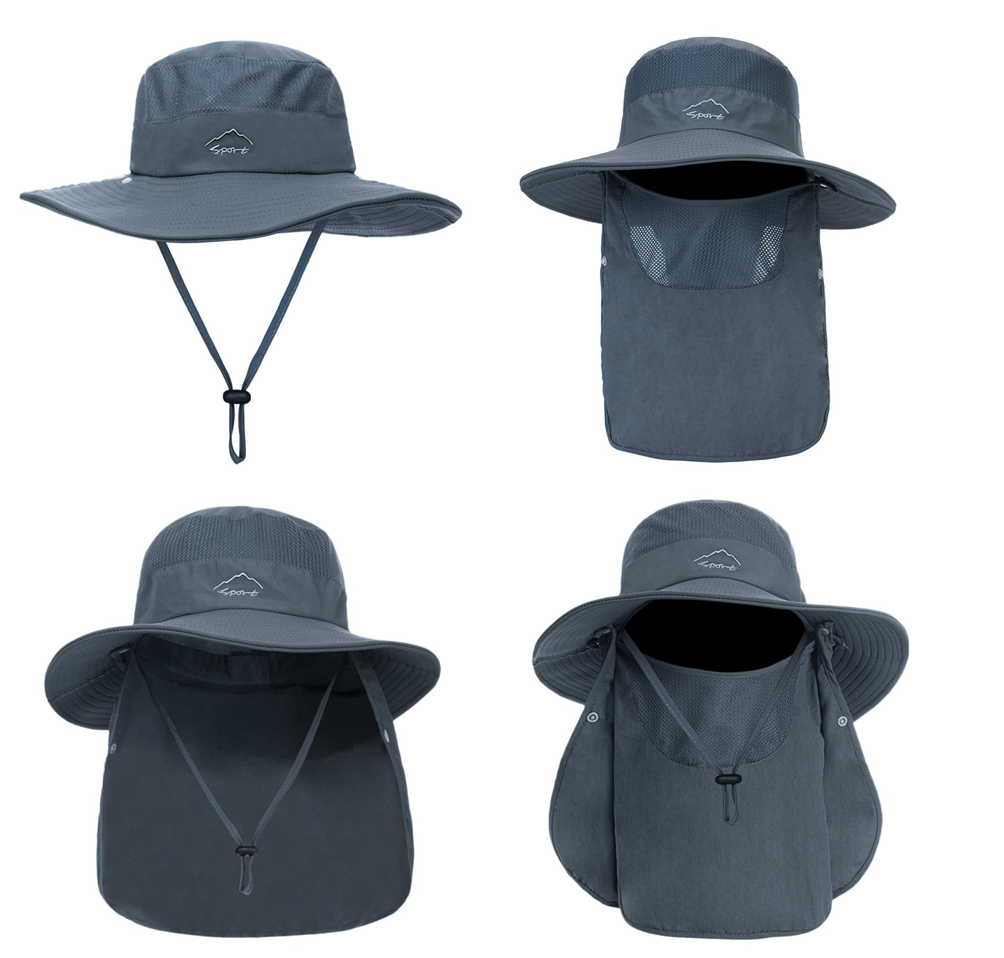 Fishing Hat for Men, Outdoor 3 in 1 Sun Hat Summer Wide Brim Safari Hat Boonie Hat with Neck Flap Dark Grey