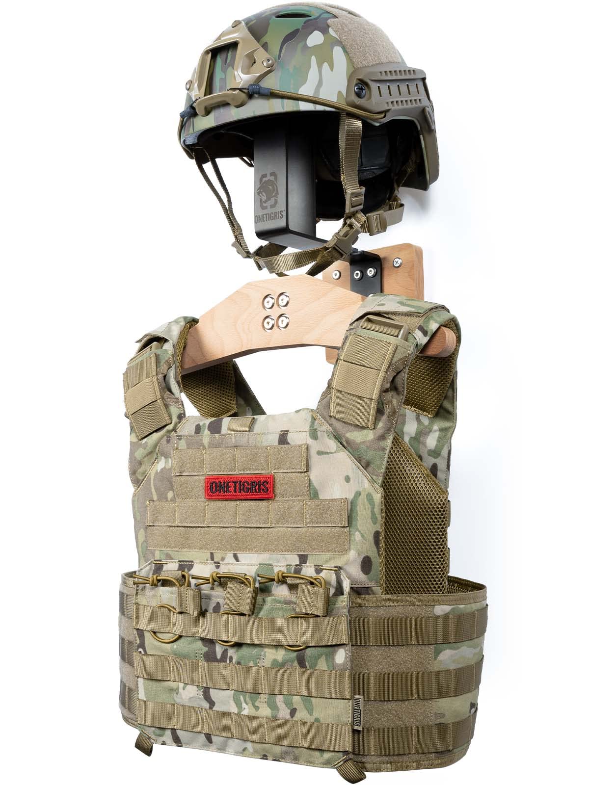 OneTigris Tactical Gear Wall Mount, Motorcycle Helmet Holder Stand Jacket Hanger Plate Carrier Rack Display Organizer for Police Football Cycling Suit