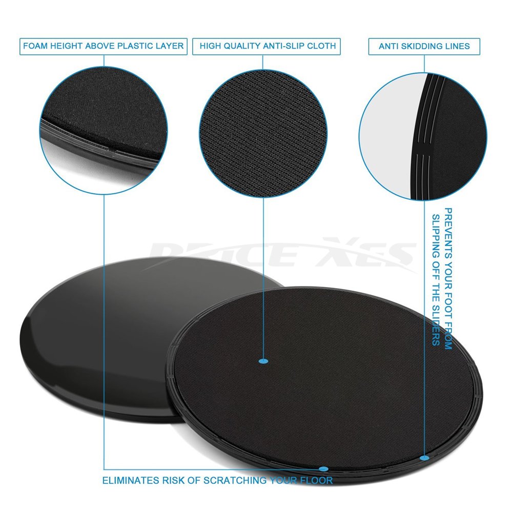 2 x Dual Sided Gliding Discs Exercise Sliders Core Sliders Fitness Ultimate Trainer Gym Home Abdominal & Total Full Body Workout Equipment on ALL surfaces Slide & Glide Exercises (Black, Circle)