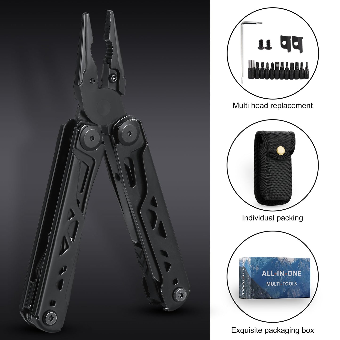 28-in-1 Multitool Pliers, Stainless Steel Multi Tool with Pocket Clip, Self-Locking, Replaceable Wire Cutters, and Precision Screwdriver, Foldable EDC Multi-Tool for Outdoor, Repair, Camping, Hiking
