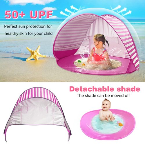 Baby Beach Tent with Pool, UPF 50+ Beach Sun Shelter Outdoor Tent for Aged 36 Months Baby and Kids, Parks and Beach Shade Portable Mini Pool Pink