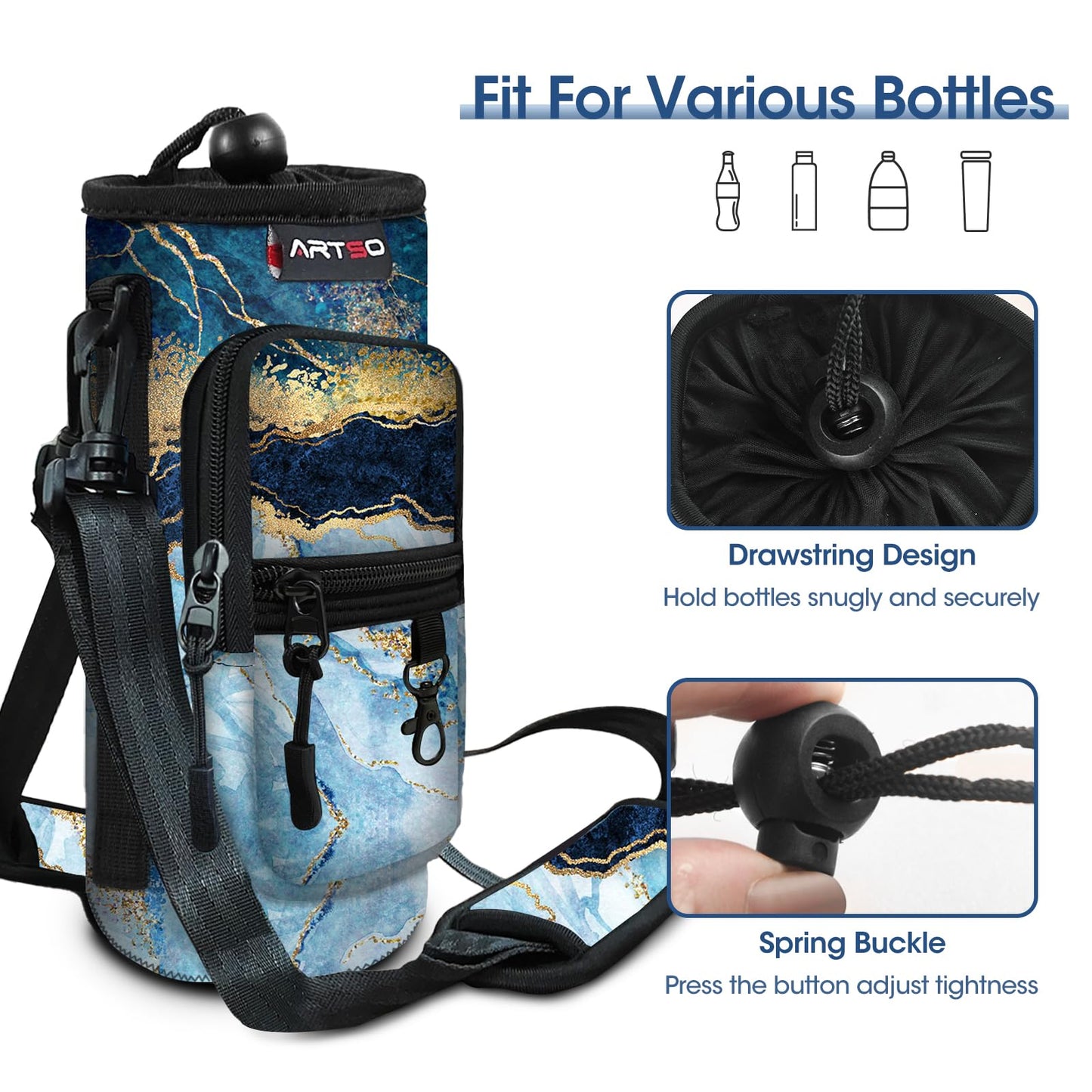 ARTSO Water Bottle Carrier Bag Sling Holder Pouch, 25oz 32oz 40oz 64oz Insulated Water Bottle Sleeve Case Cover with Adjustable Shoulder Hand Strap Pocket for Men Women Hiking Camping, Blue Marble
