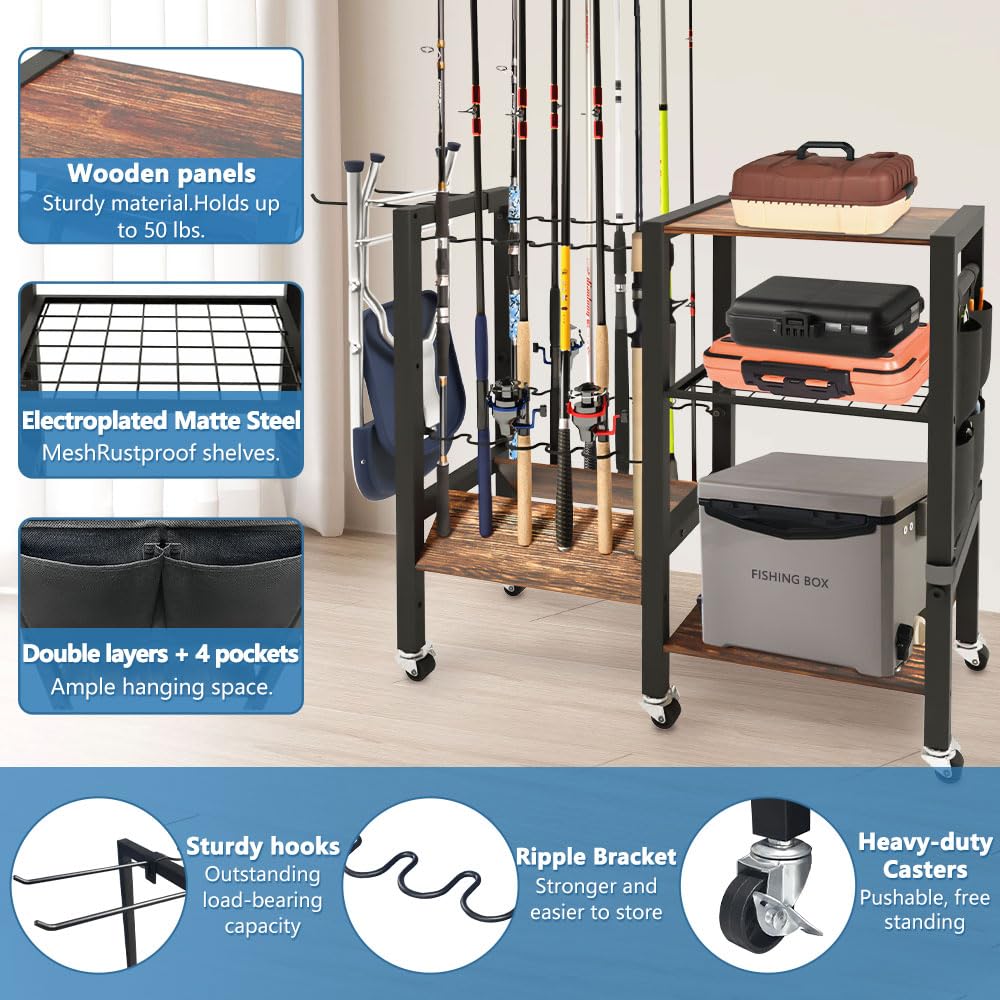 3-Tier Fishing Rod Holder, Garage Fishing Rod Rack, Fishing Rod Organizer for 12 Rods, Space Saving Fishing Pole Storage System for Garage Boat RV Basement, with Wheels Hooks and Storage Bag