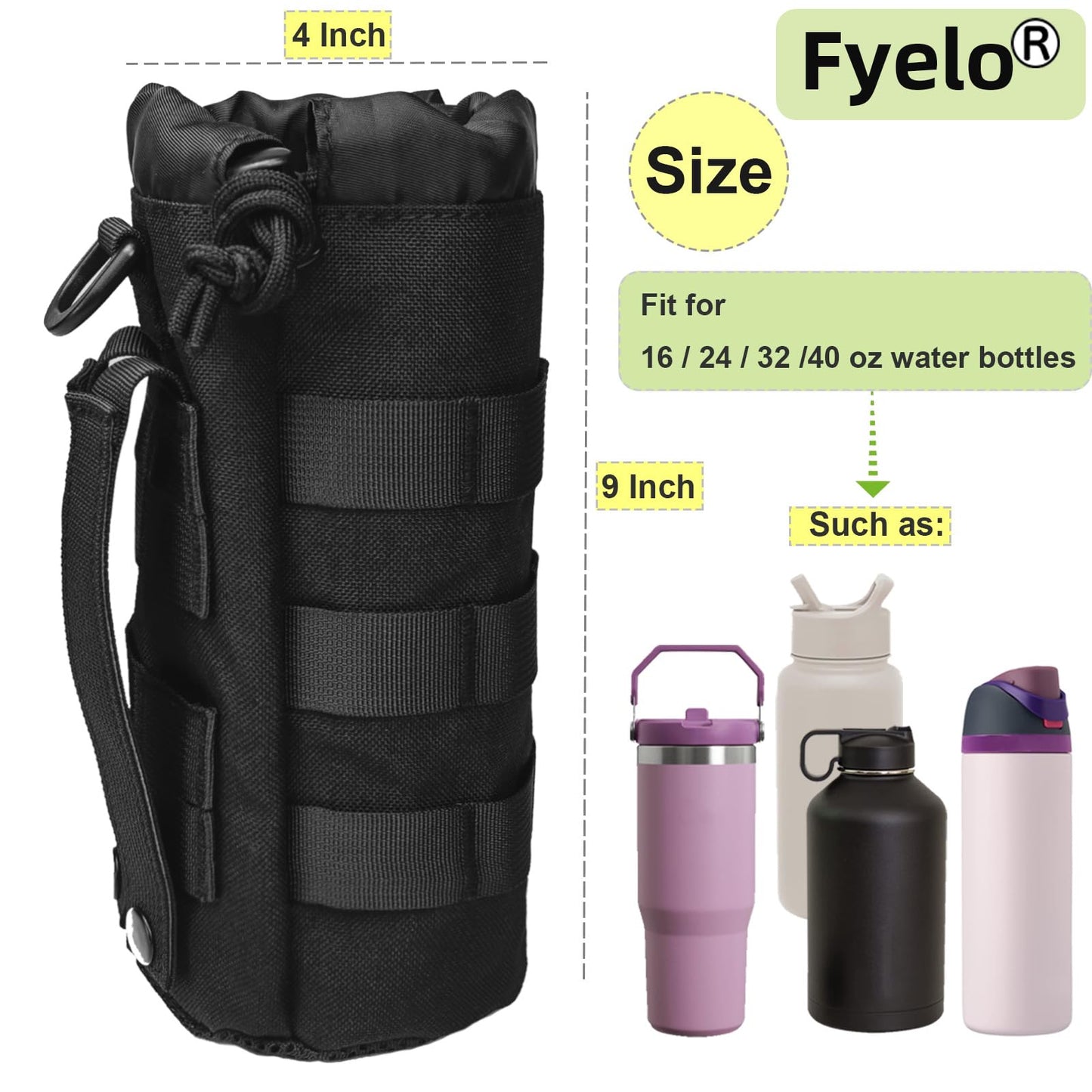 Fyelo Tactical MOLLE Bottle Pouch Bag, Travel/Sprots Molle Water Bottle Holder with Drawstring Open Top and Mesh Bottom - Black