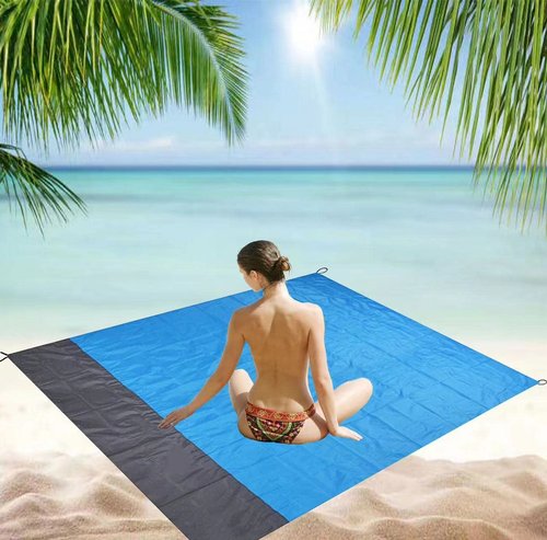 otcahzch Sandfree Beach Blanket, Large Sandproof Waterproof Beach Mat, Lightweight Beach Mat with 4 Stakes and 1 Bag, Portable Sandproof Mat for Travel, Camping, Hiking(79"× 55",Blue)…