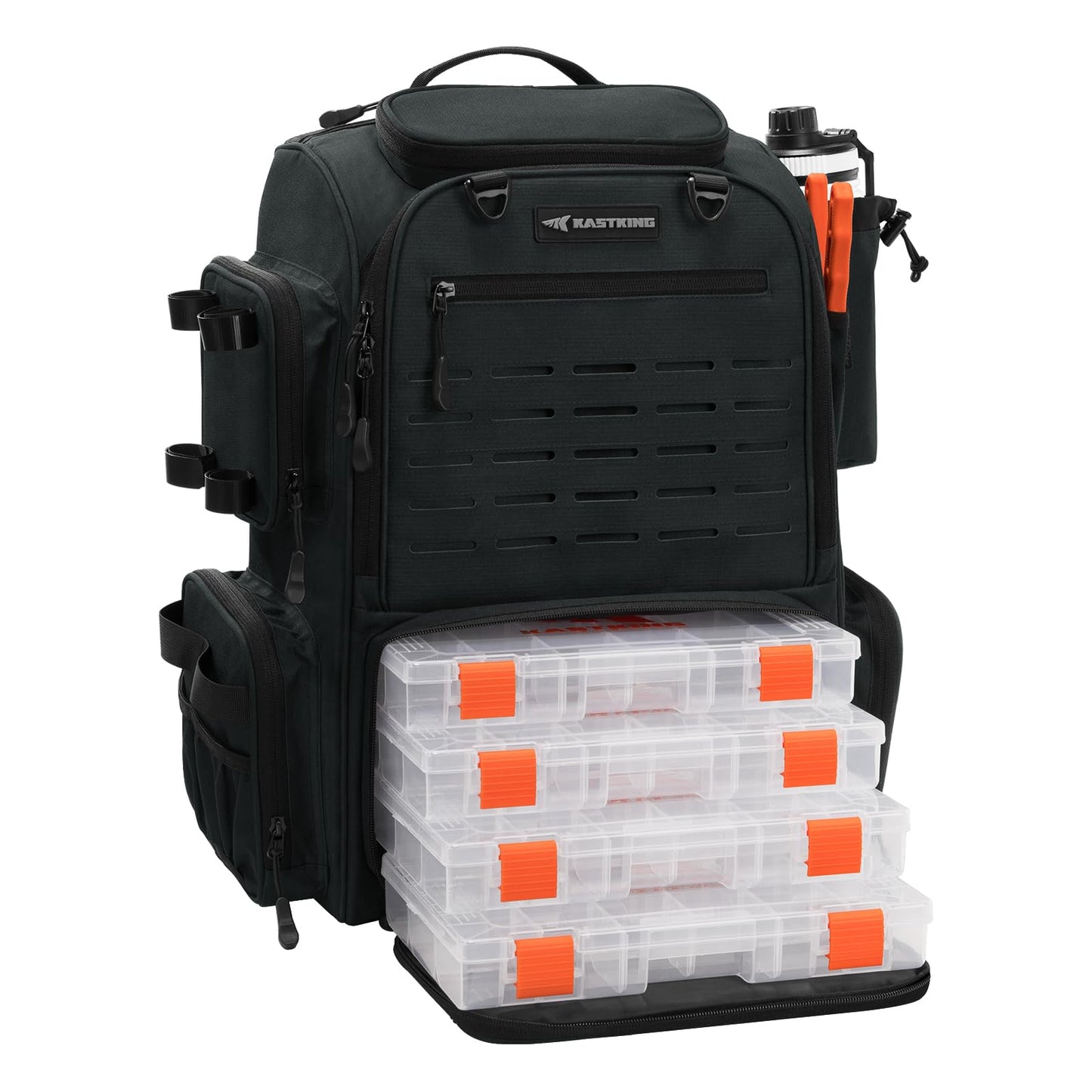 KastKing Bait Boss Pro Fishing Tackle Backpack with Rod Holders, 4 Tackle Boxes, 45L Large Storage Bag for Fishing Gear, Black