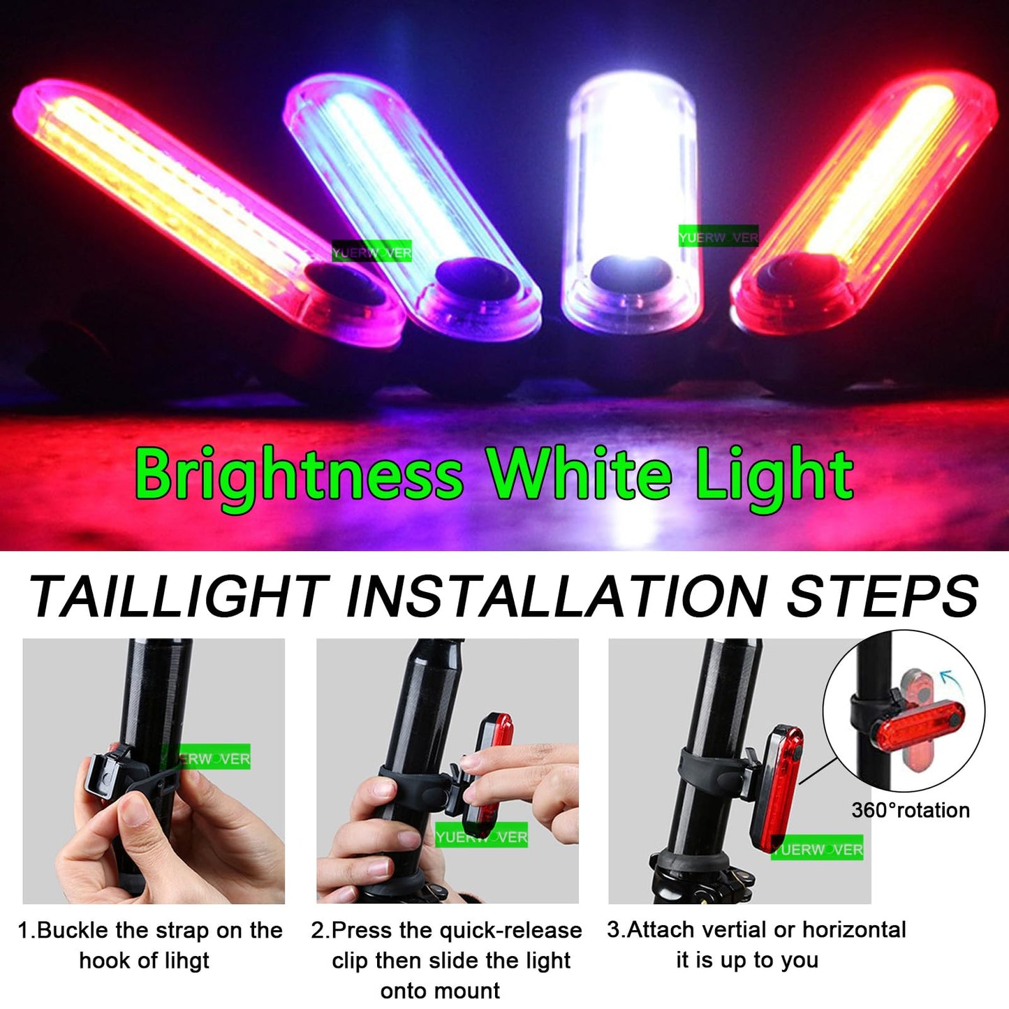 2 Pack USB Rechargeable LED Bike Tail Light Bicycle Rear Cycling Night Essential Reflector Seat Back Safety Lamp 4 Modes Waterproof Bright Warning Flash MTB Light for Men Women Kids (White)