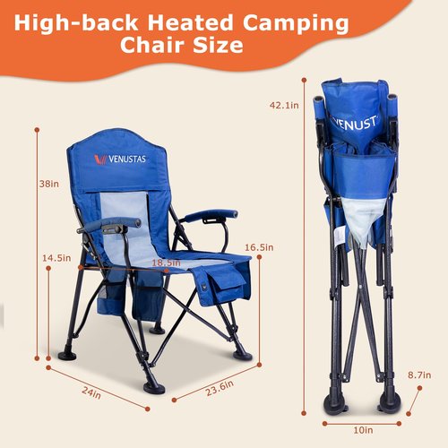 Venustas Heated Camping Chair with 7.4V Battery Pack UP to 10H Heating Portable Heated Folding Chair with Removable Cushion for Outdoor Sports Hunting, Beach, Picnics, 5000mAh Battery Included