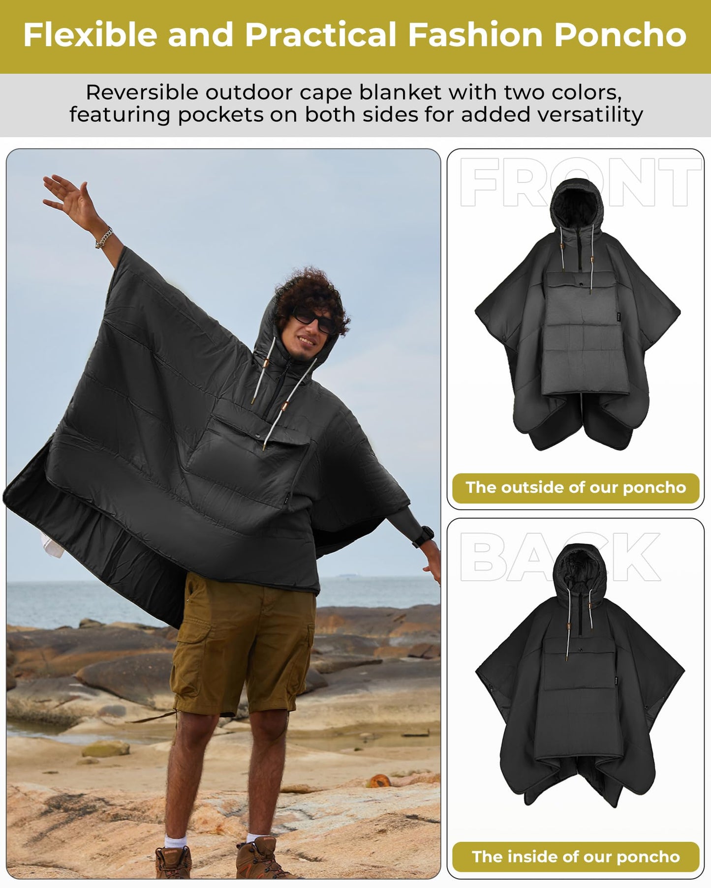 KingCamp Camping Blanket Poncho, Wearable Honcho Hoodie Reversible Cape Windproof Water-Repellent Recycled Ponchos with Snap Buttons for Outdoor Hiking Stadium Travel Black, 66" x 48"