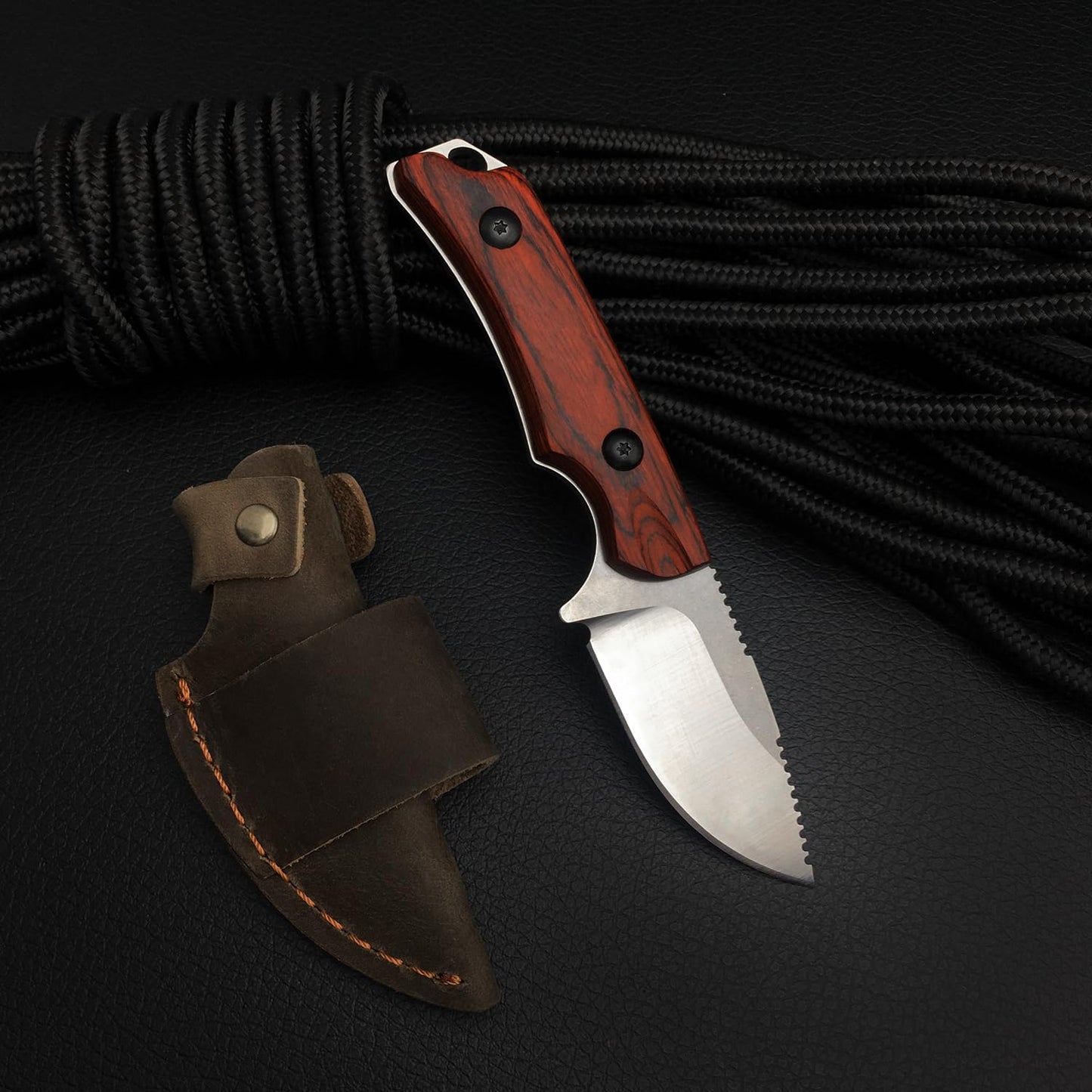 6.3 Inches Fixed Blade Knife with Leather Sheath, 8Cr13Mov Blade, Full Tang Wood Handle, EDC Camping Hunting Knife for Men