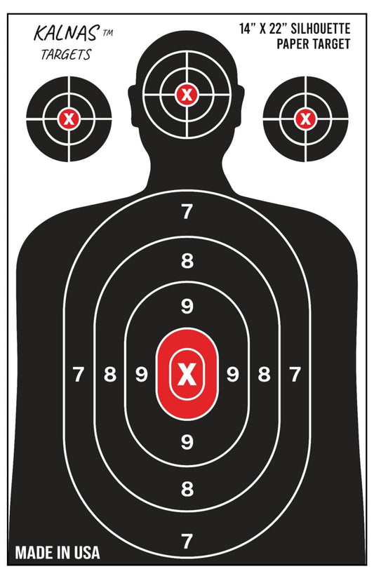 Kalnas Shooting Targets Paper, 14 x 22 inch, Bulk for Hunting, Handguns, Pistols, Rifles, Silhouette with Red Bullseye, Black & Red Design, Made in USA, Packs of 25-50-100 Shooting Targets (25)